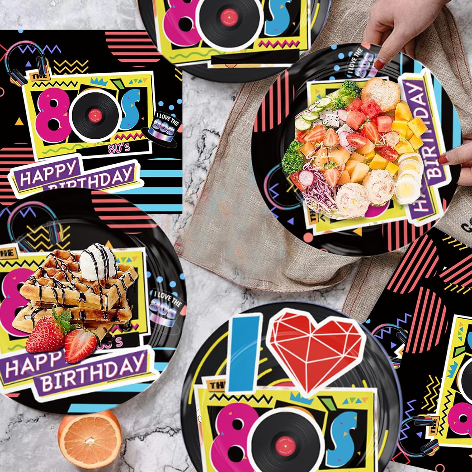80s Birthday Decorations Party Supplies, 80's Themed Party Tableware 172pcs Serves 20 - Plates, Napkins, Cups, Cutlery, Tablecloth, Banner, Hanging Swirls, Cupcake Toppers for 80s Hip Pop Party