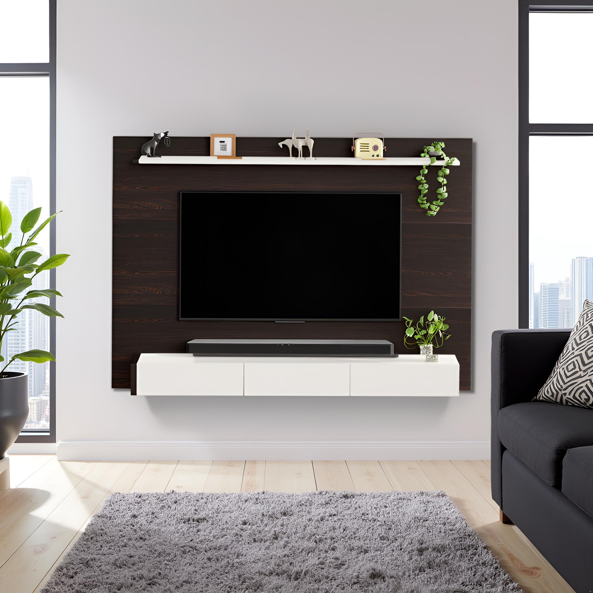 FURNEASER Laminor Wall-Mounted TV Unit with Storage & Display Shelf | Modern Entertainment Center | Fits up to 65 Inch TV | Wenge & Frosty White Finish | 160 cm x 110 cm