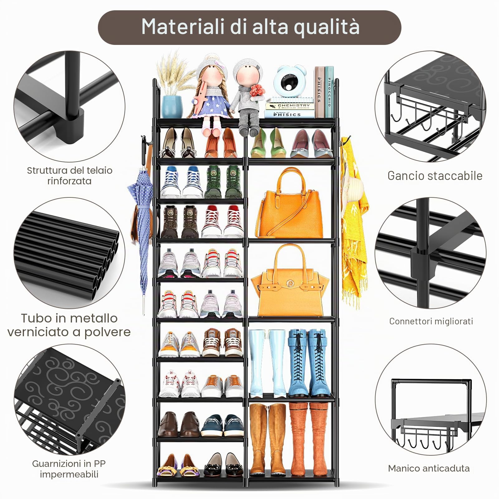 Kottwca - Scarpiera a 2 file con 10 ripiani, organizer per armadio e ingresso, scaffale porta scarpe per 40-45 paia di stivali, scaffale porta scarpe verticale piccolo in metallo impilabile per angolo