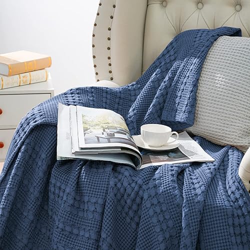 Miniatura 3 de PHF Manta de tejido de gofre 100% algodón, tamaño King, manta suave y ligera lavada para todas las estaciones, manta transpirable y agradable a la