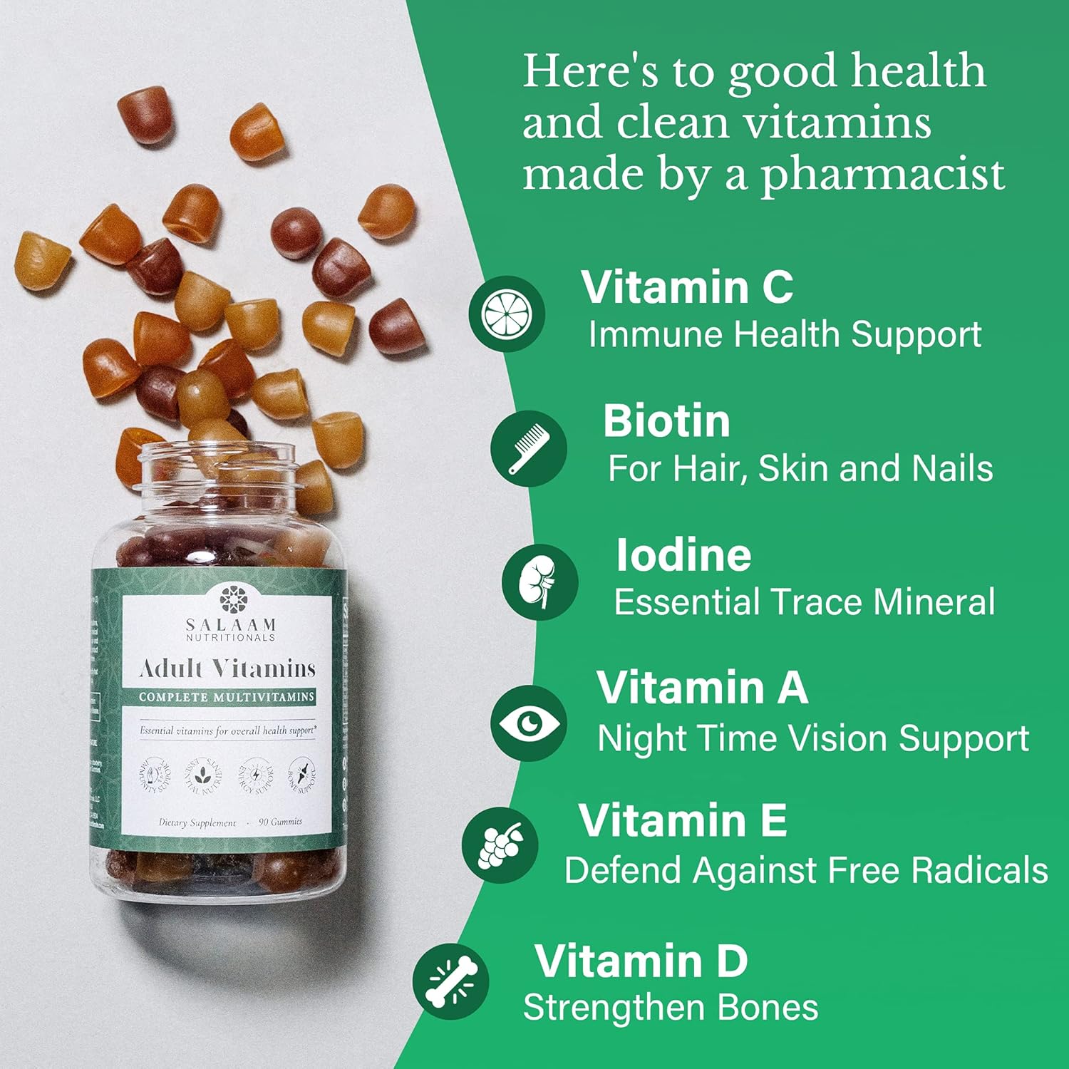 Salaam Nutritionals - Adult Multivitamins, Vitamin Gummies for Women and Men, Multivitamins for Adults with 11 Essential Vitamins and Minerals, 90 Count, 1 Pack.