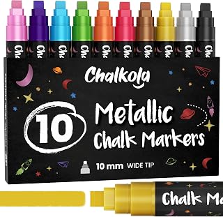 10mm Metallic Chalk Markers (10 Pack) Liquid Chalk Pens - For Blackboards, Chalkboard, Bistro Menu, Window - Wet Wipe Erasable Car Window Markers - 10mm 3-in-1 Wide Nib