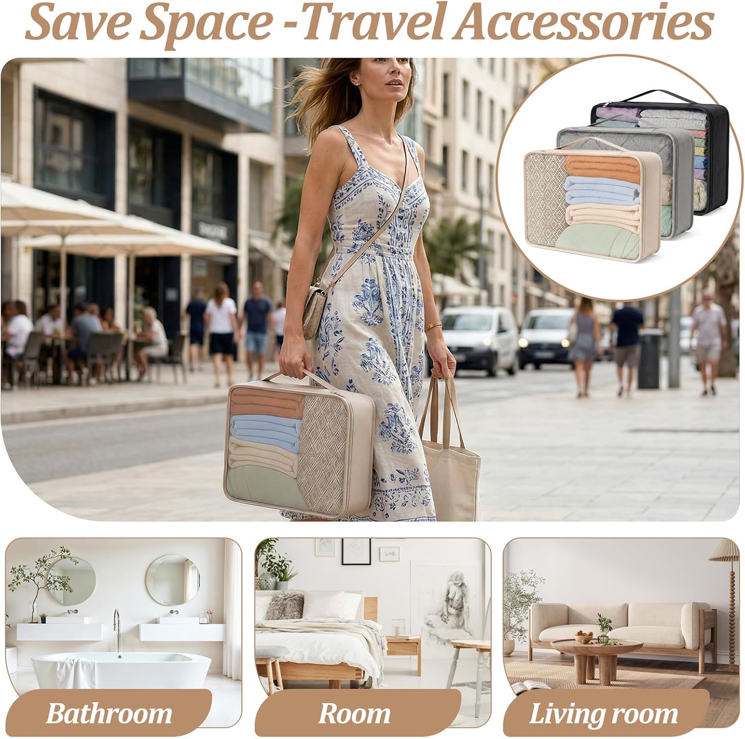 MAQUITA 12-Pack Large Travel Cubes for Packing, Luggage Organizer Set, Reusable Beige Gray Black Mesh Suitcase Packing Bags for Hiking Camping Business Trips (15.7 x 11.8 x 4.7 Inch)