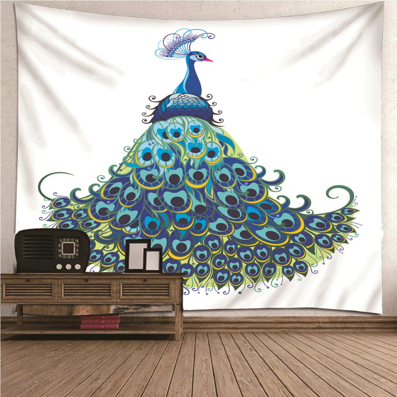 Tapiz de pared KnSam de poliéster azul con diseño de pavo real para salón de 150x150 cm