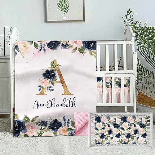 Juego de ropa de cama personalizado para cuna para niñas bebés, juego de ropa de cama personalizada para cuna, ropa de cama de guardería floral azul