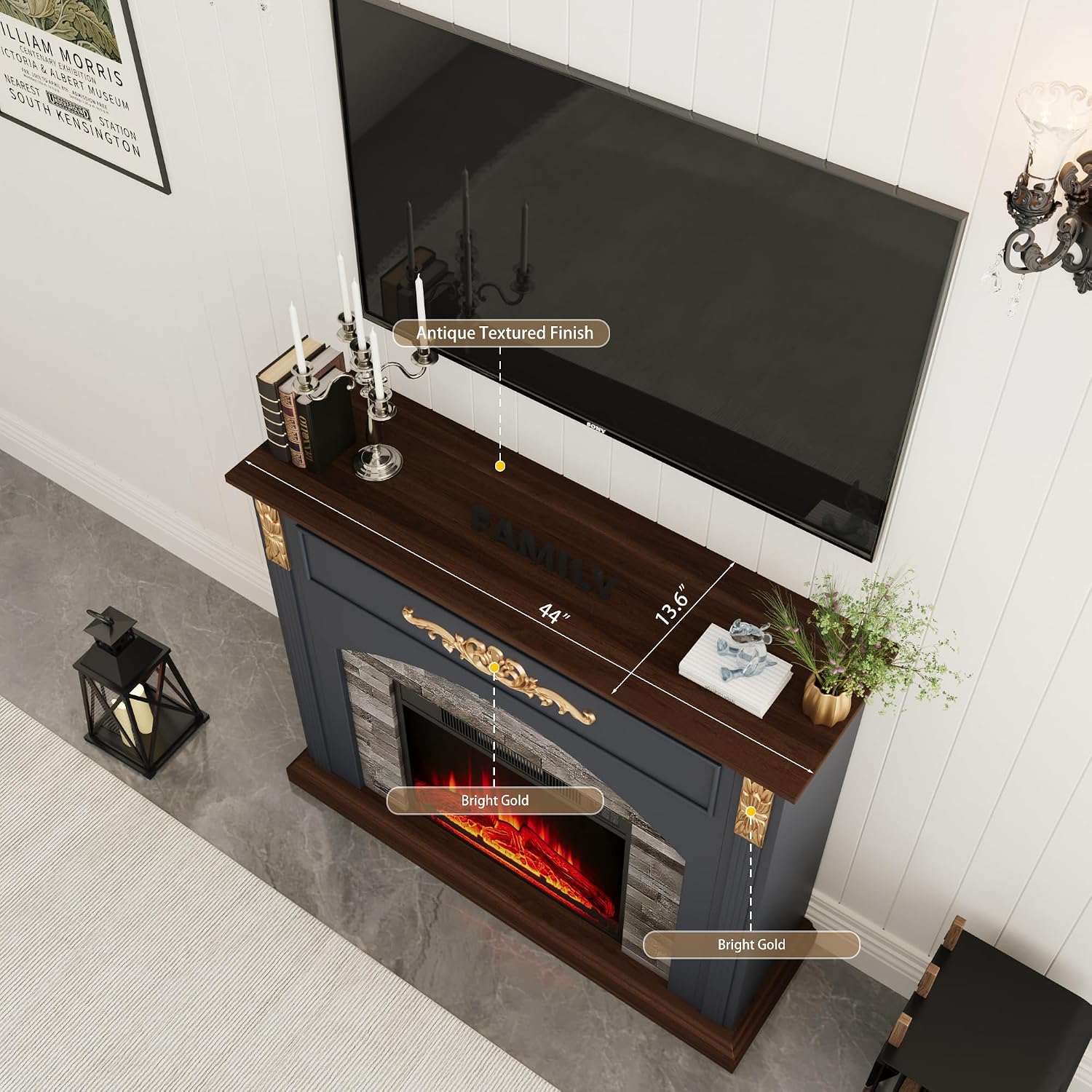 44" Electric Fireplace with Mantel,23" Fireplace Insert Heater with Remote and Touch Control, Indoor Decorative Fireplace with Gold Carved Accents（Blue）