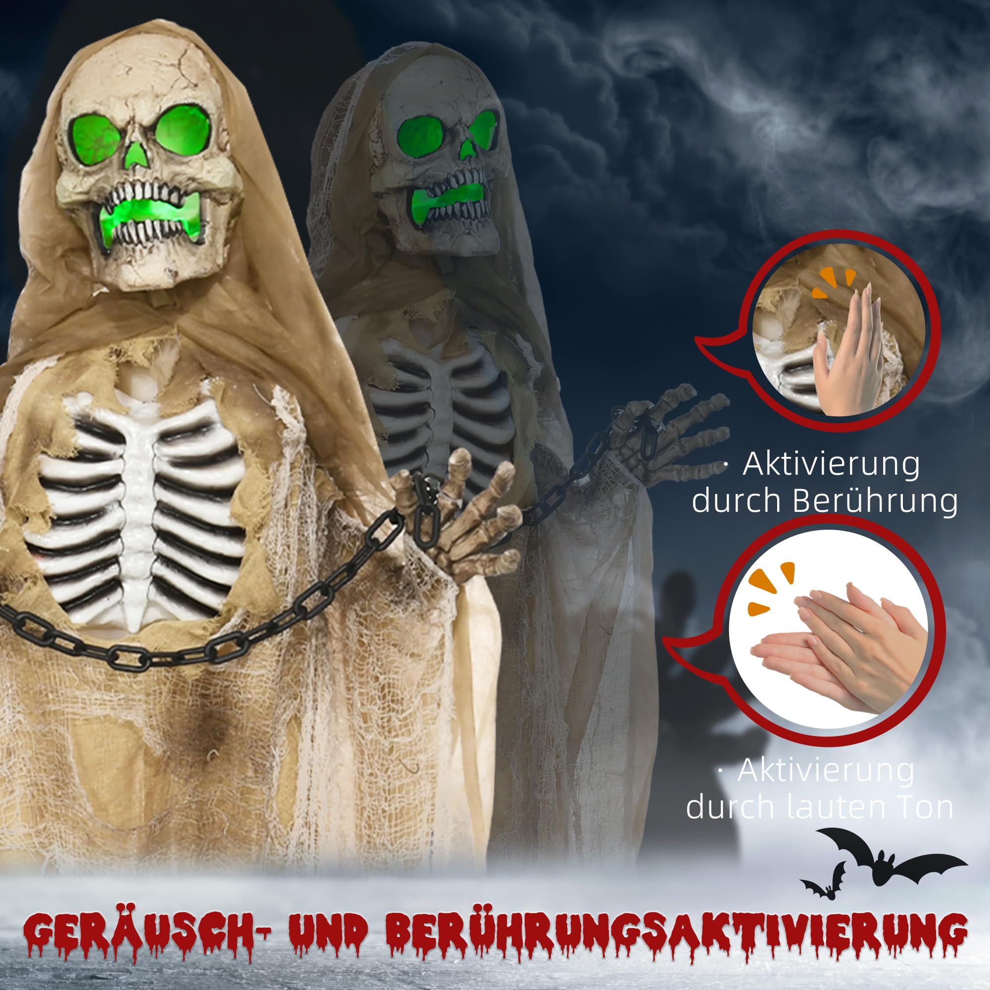 HOMCOM Halloween Deko Skelett 183cm Animiert Hängend Grusel-Sound