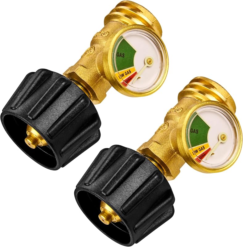 Flame King Propane Tank Gauge Level Indicator, Gas Pressure Meter, Color Coded & Glows in The Dark, Universal for All Cylinders, Solid Brass (2-Pack)
