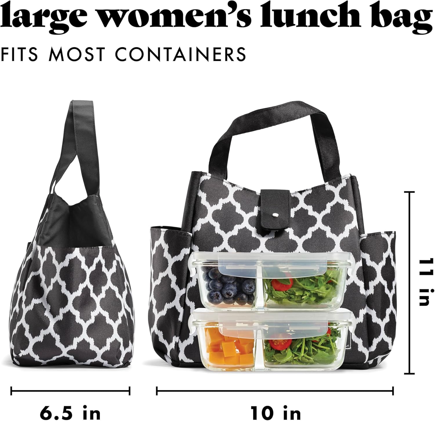 Fit & Fresh Lunch Bag For Women, Insulated Womens Lunch Bag For Work, Leakproof & Stain-Resistant Large Lunch Box For Women With Containers and Matching Tumbler, Snap Closure Westport Bag Black/White - Image 4