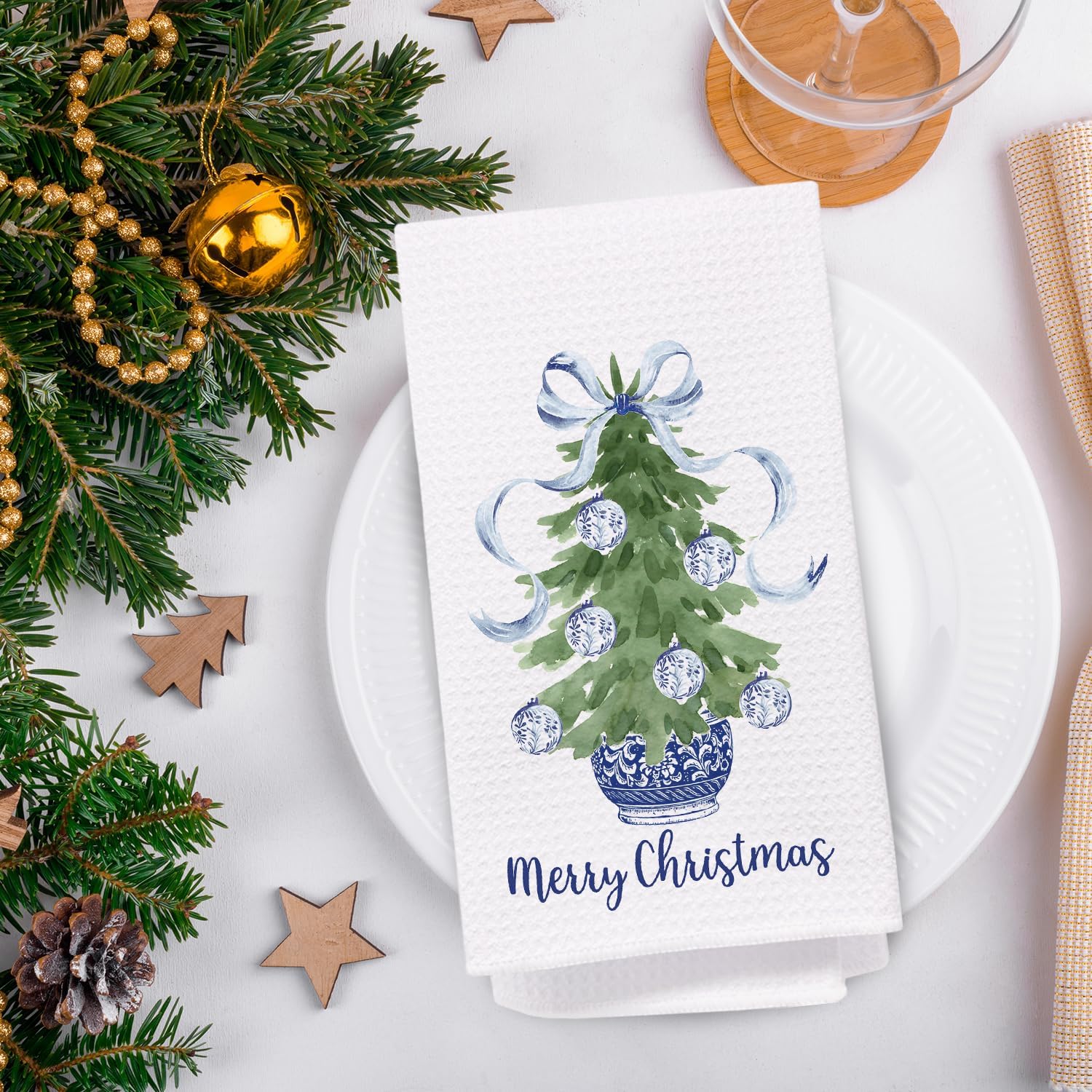 Chinoiserie Christmas Kitchen Towels,Set of 2 Blue Bow Coquette Christmas Tree Dish Towels for Kitchen Bathroom, Blue Christmas Hand Towels for Bathroom Kitchen, Grandmillennial Decor,16x24 Inches - Image 4