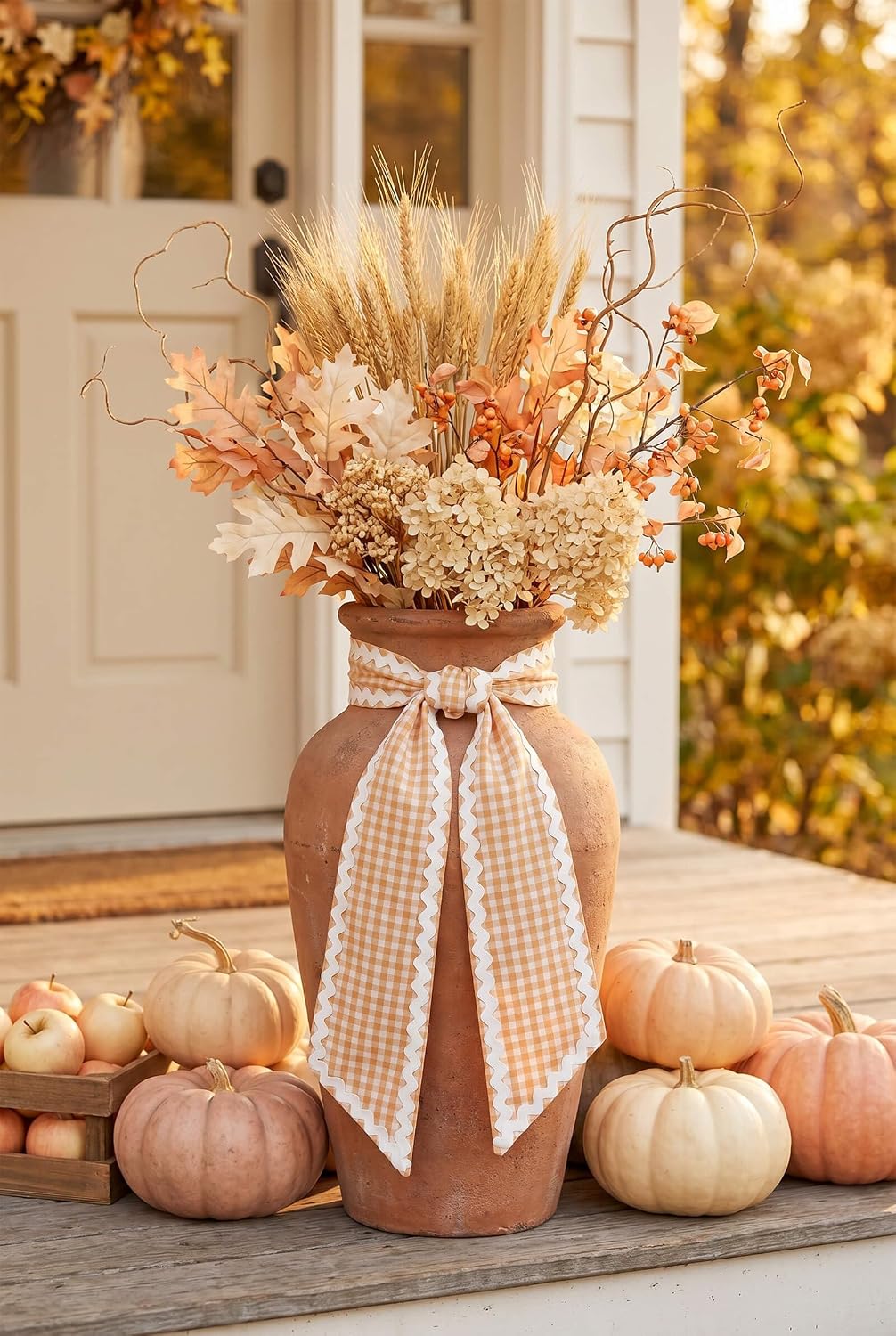 Orange Gingham Wreath Sash for Front Door with Scalloped RIC Rac Trim, 4.5 x 56 Inch Orange Wreath Ribbon for Fall Halloween Thanksgiving Farmhouse Home Decor