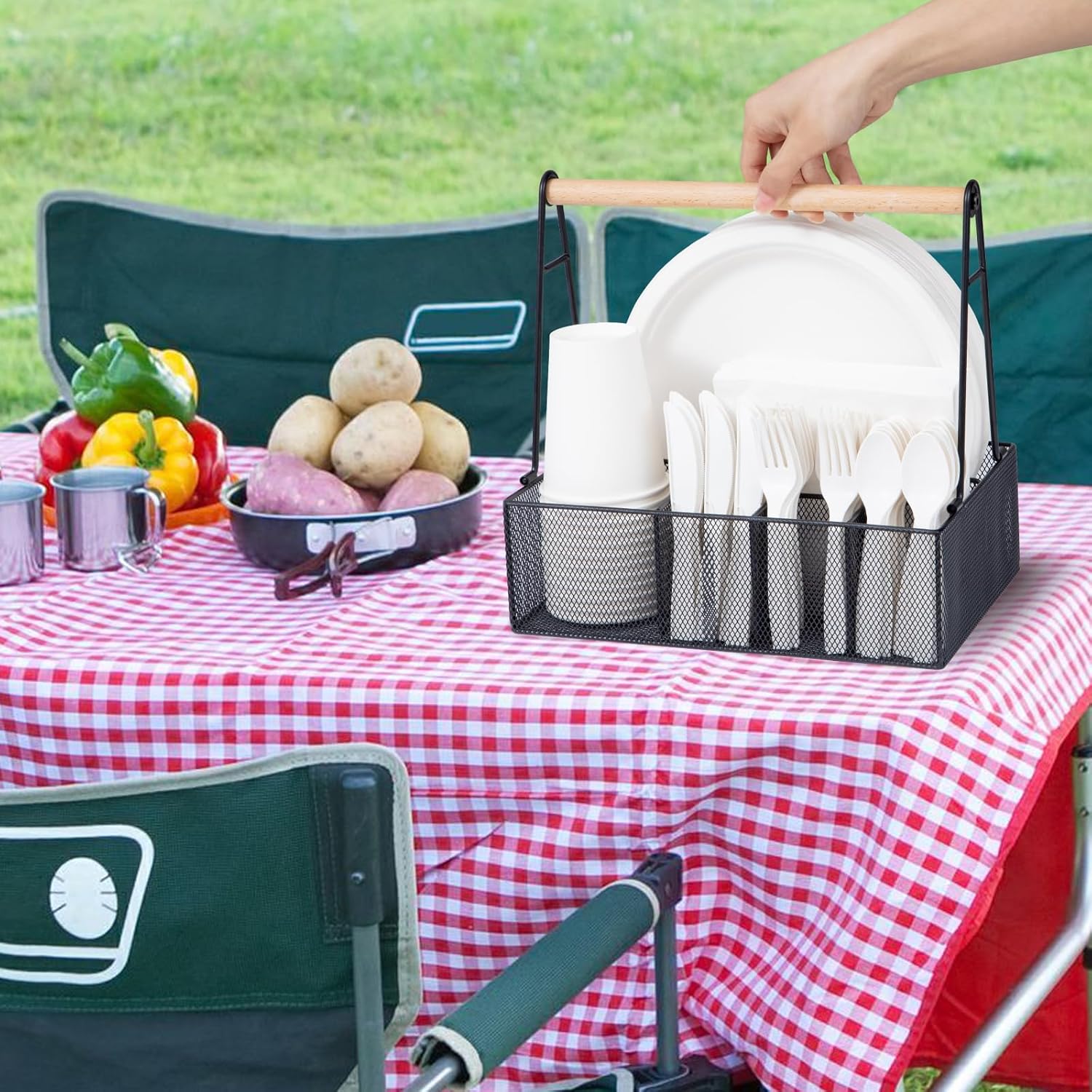 paper plate organizer with handle for countertop, metal silverware caddy for cup, napkin, fork and spoon, paper plate and utensil holder, cutlery caddy for party, camping, picnic (black)