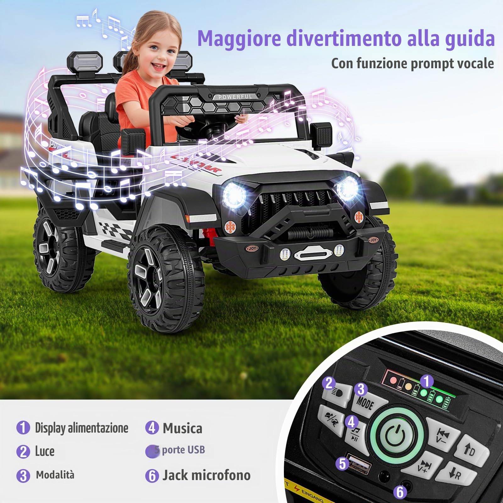 RELAX4LIFE Macchina Elettrica per Bambini 12 V con Telecomando,Porta USB, Musica e Luci, Avvio lento, 3 Velocità Regolabile 3-6 km/h, per 3 Anni+, Carico 30 kg,Avanti/Indietro/Destro/Sinistra (BIANCO)