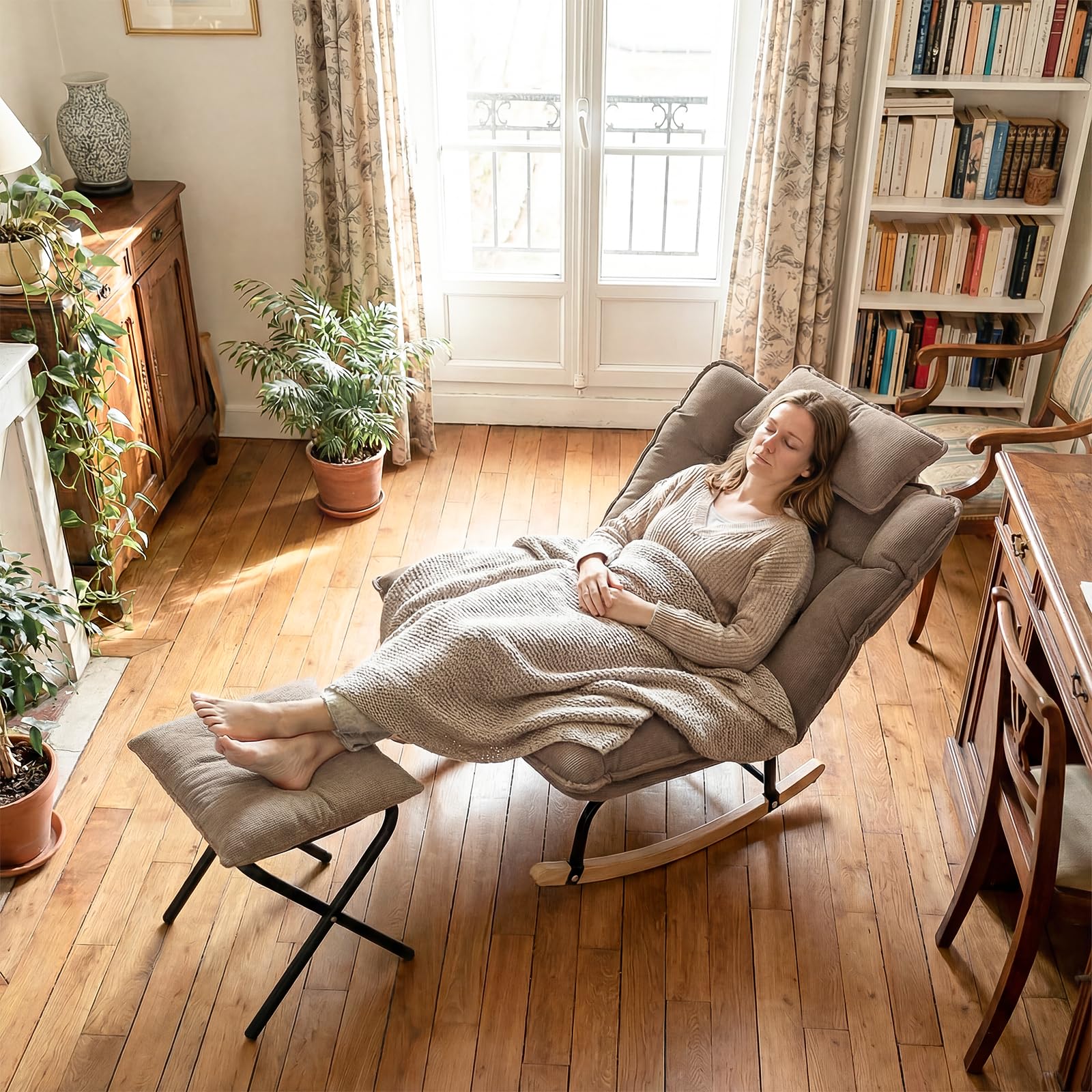 Fabulcozy Fauteuil à Bascule Réglable 3 Positions (90-120°), en Velours Côtelé avec Repose-Pieds Pliable et Coussin, Structure Métal et Pieds Bois d'Hévéa, pour Salon, Chambre,Allaitement,Kaki