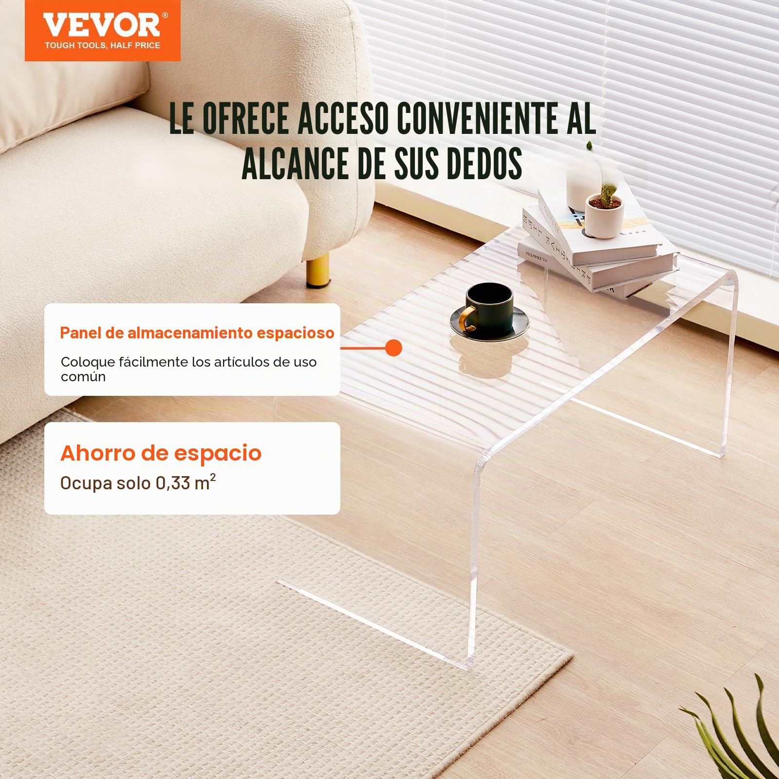 VEVOR Mesa de Centro de Acrílico Mesa Auxiliar 813x401x414 mm Extremo del Sofá de Acrílico Grosor de 20 mm Carga Máxima de 50 kg Mesa de Salón Almacenamiento Grande para Dormitorio Balcón Cafetería