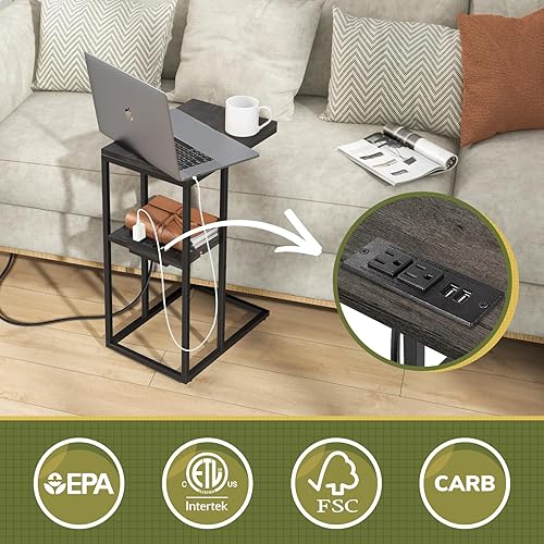 Miniatura 5 de Yoobure Mesa auxiliar en forma de C con estación de carga para sala de estar, dormitorio, mesa de sofá con puertos USB y salidas para espacios