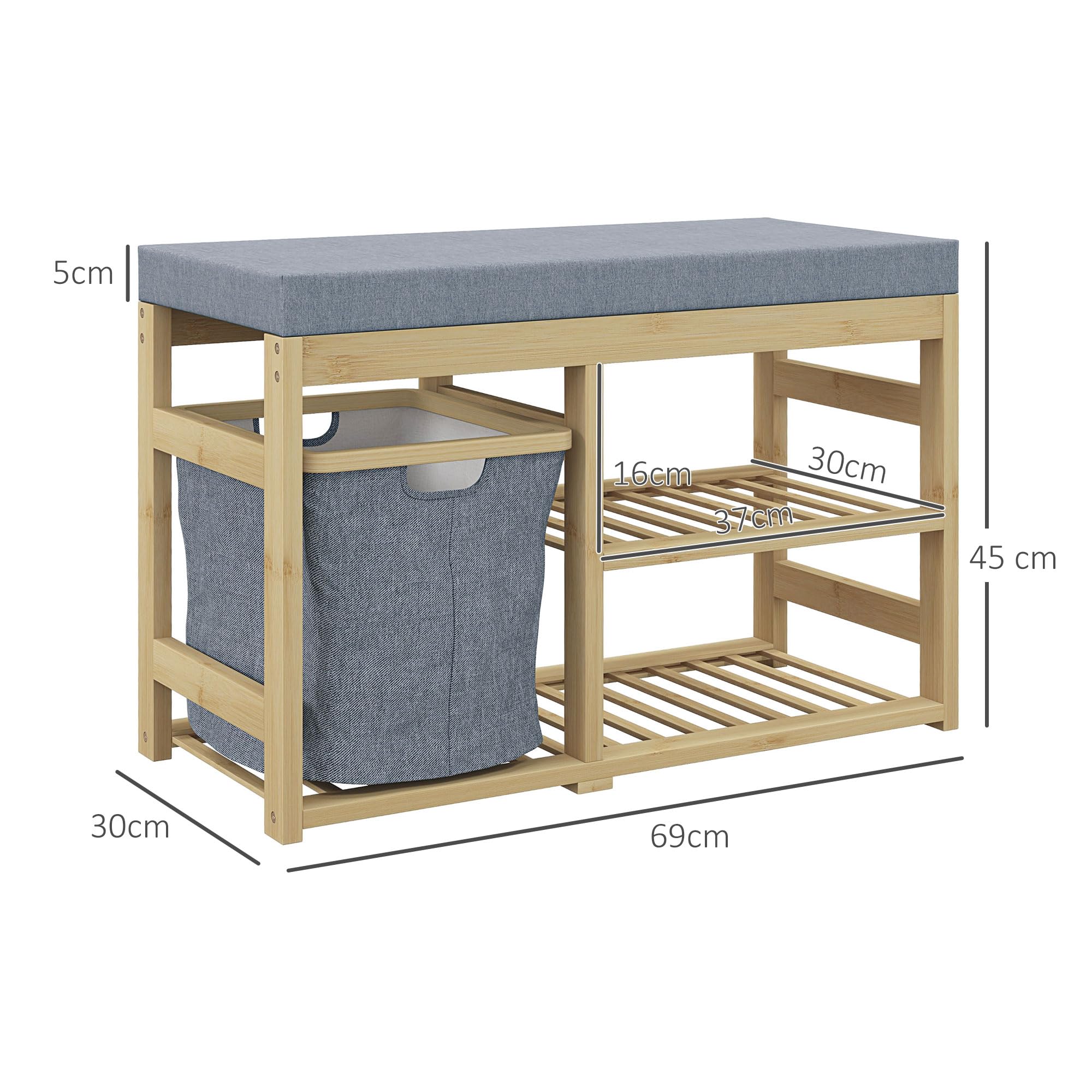 HOMCOM Banco Zapatero de Bambú con Asiento 4 Pares 69x30x45 cm Natural | Mueble Zapatero, Cesta Extraíble, Estantes Abiertos, Bancos Pequeños para Recibidores