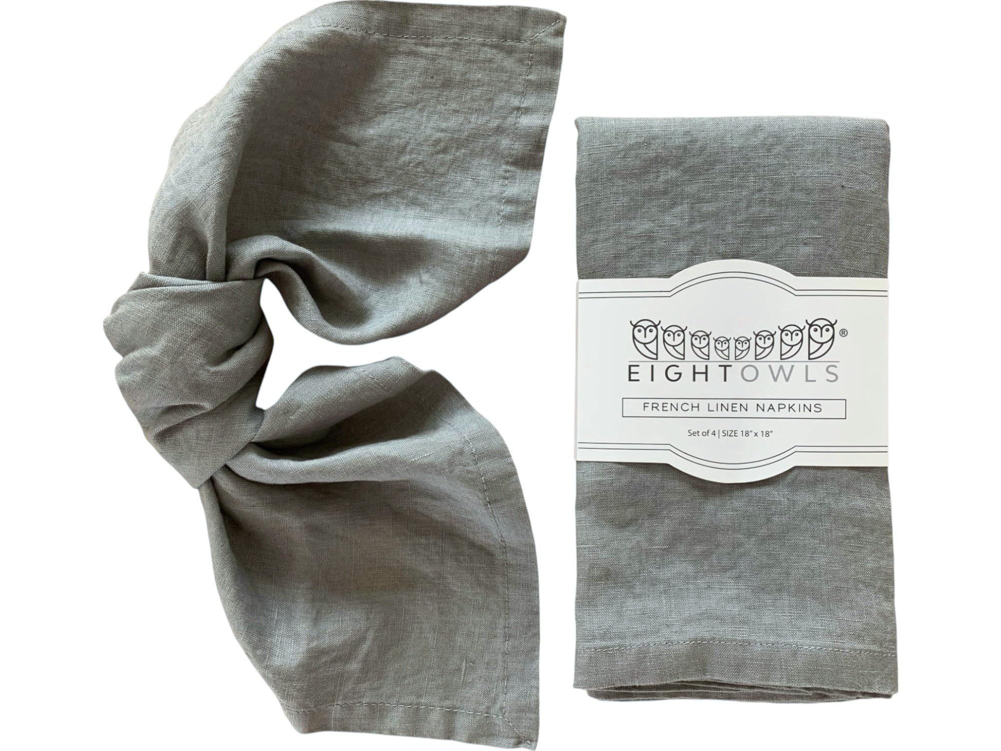 Eight Owls Linen Napkins - 100% Pure Stonewashed Linen Cloth Napkins - Mitered Corners - Size 45 cm x 45 cm - Set of 4 (Medium Grey)