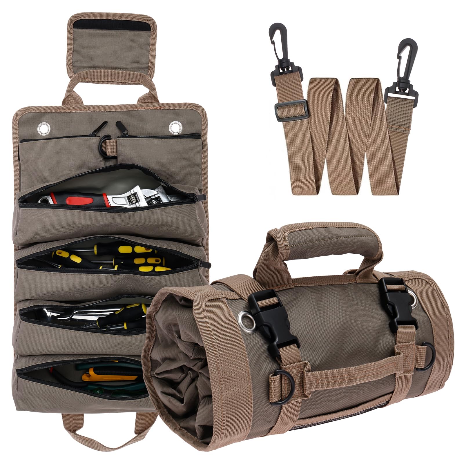 FOPPLA Heavy Duty Roll Up Tool Bag, Oxford Fabric Multi-Pocket Organizer Pouch with Carry Handle, Portable Wrench Carrier for Carpenter, Plumber, Home, Workshop, Garage(Military green)