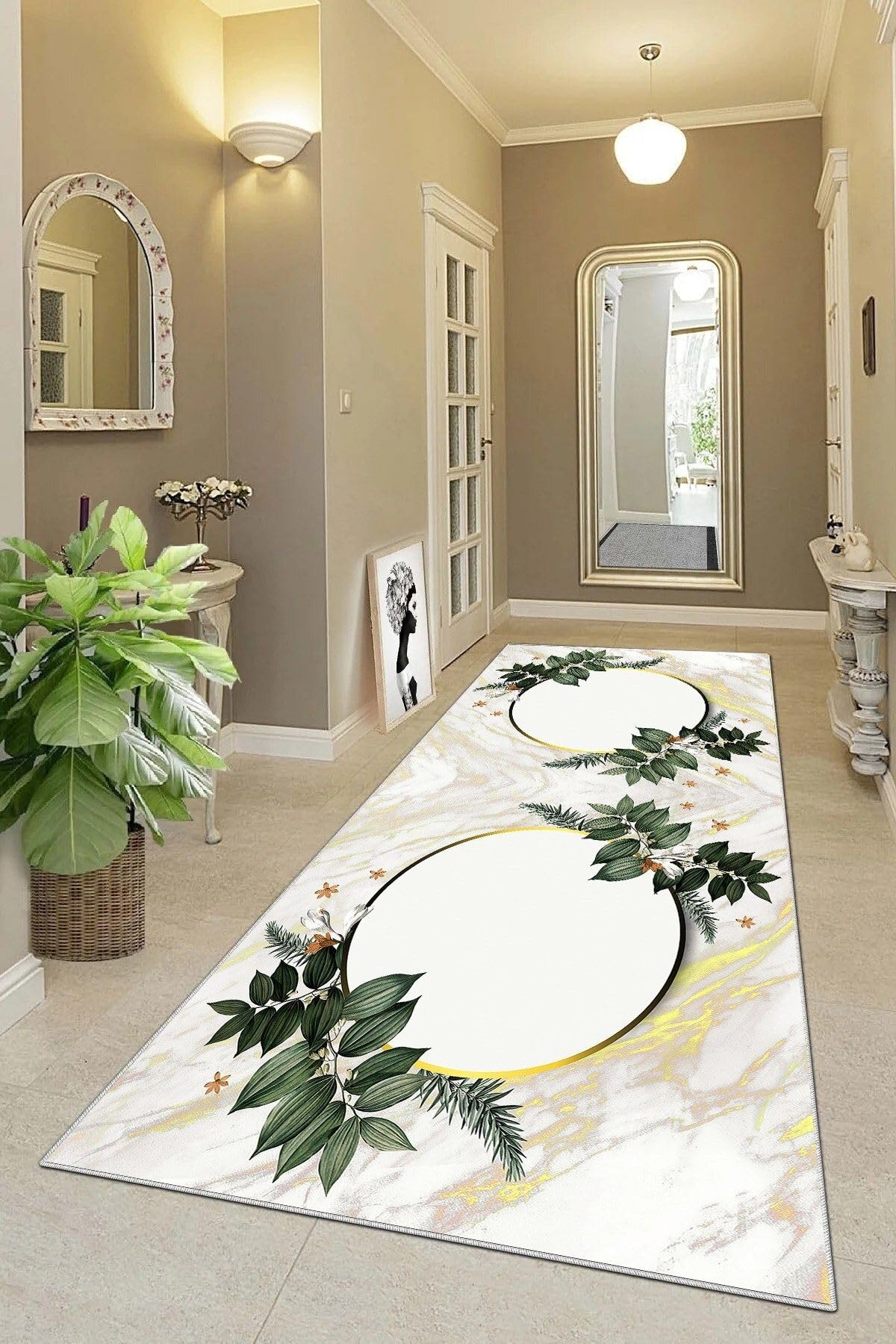 Pelangi Mermer Desenli Yapraklı Dijital Baskı Yıkanabilir Kaymaz Taban Modern Salon Halısı ve Yolluk, Ekru-Yeşil 100 x 500, 95546631005007