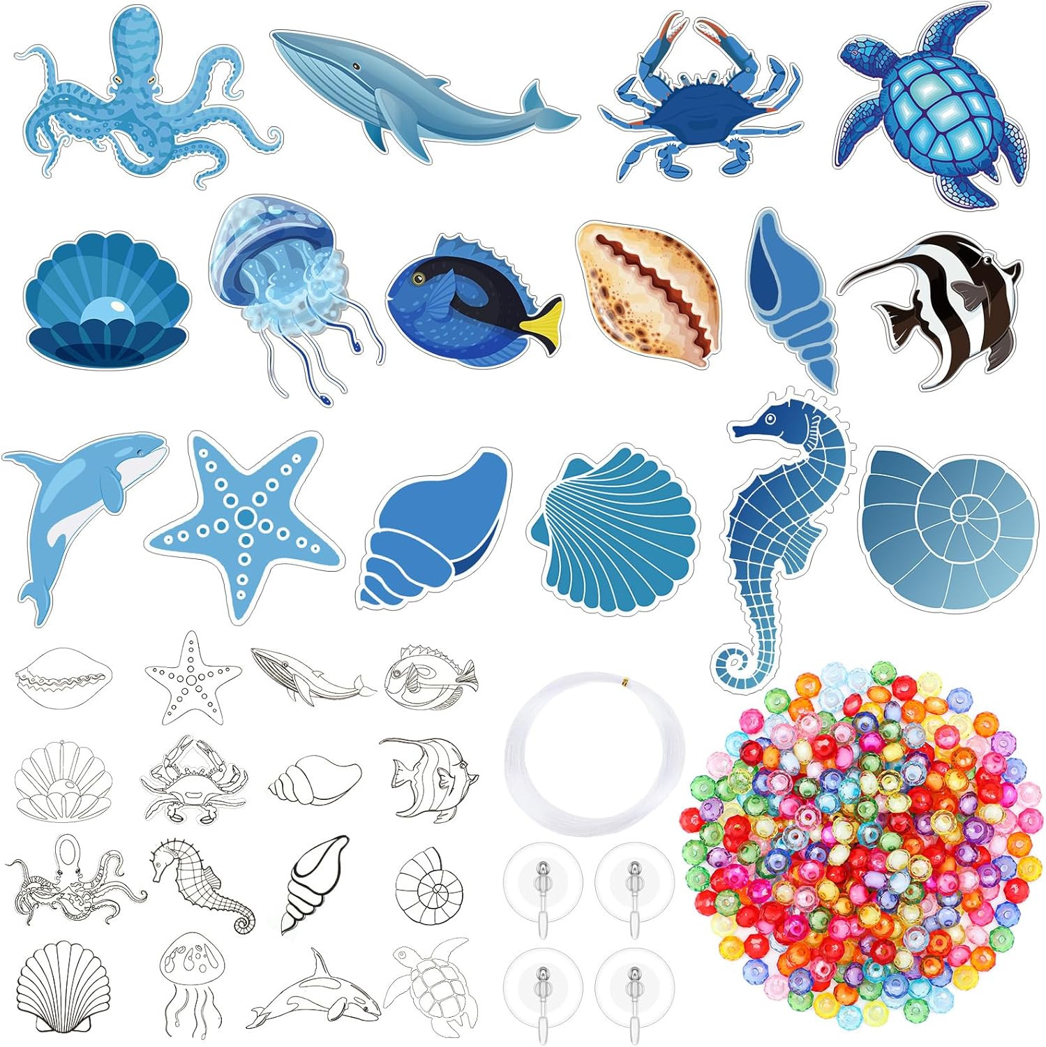 32 Sets Summer Suncatchers Crafts Ocean Animals Sun Catchers Kits Fish Ornaments Sea Decorations DIY Window Paint Art Painting for Home Decor Sea Theme Party Favor(Ocean Animals Style)