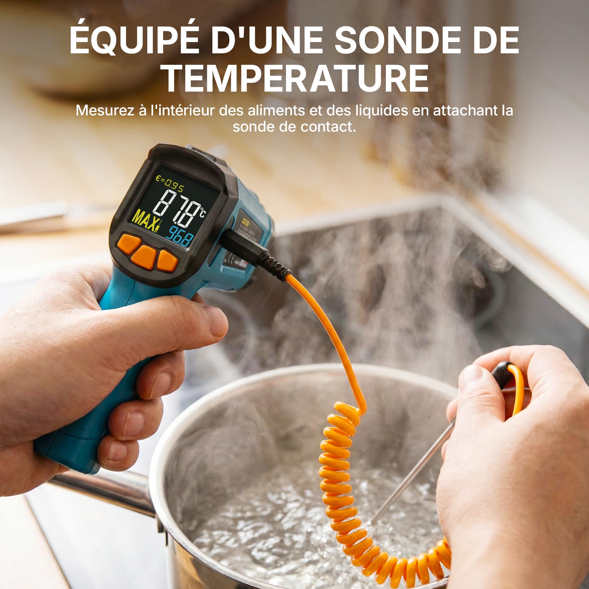 Tilswall Thermomètre Infrarouge,-50°~800℃ (-58°~1472℉) Pistolet de Température Sans Contact Laser Emissivité Réglable Thermomètre Pistolet cuisine/Circuit/industrie (pas pour l'homme) Bleu, W300