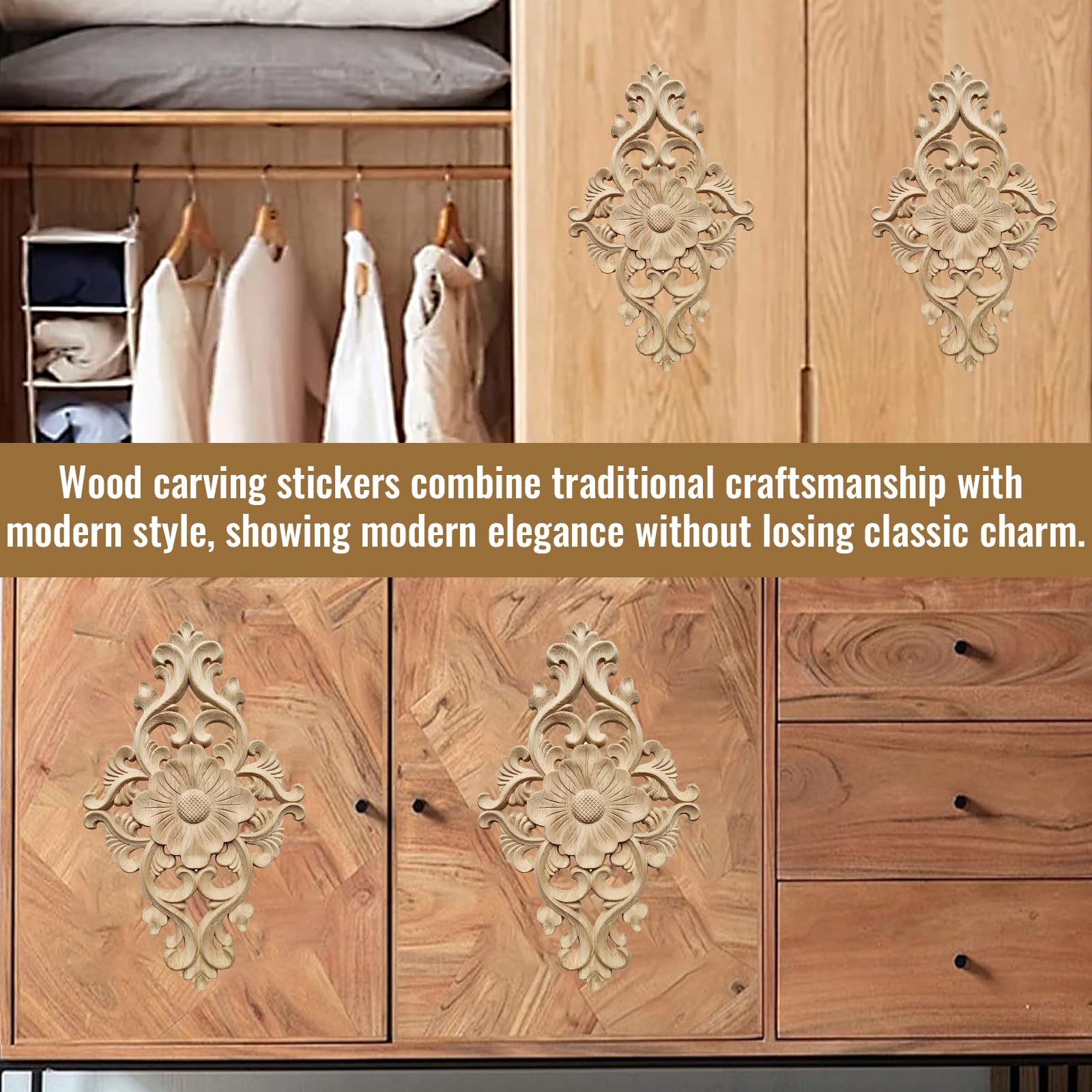 Lot D'appliques Murales Décoratives En Bois - Style Européen Sculpté - 1x24x16cm + 4x10x10cm