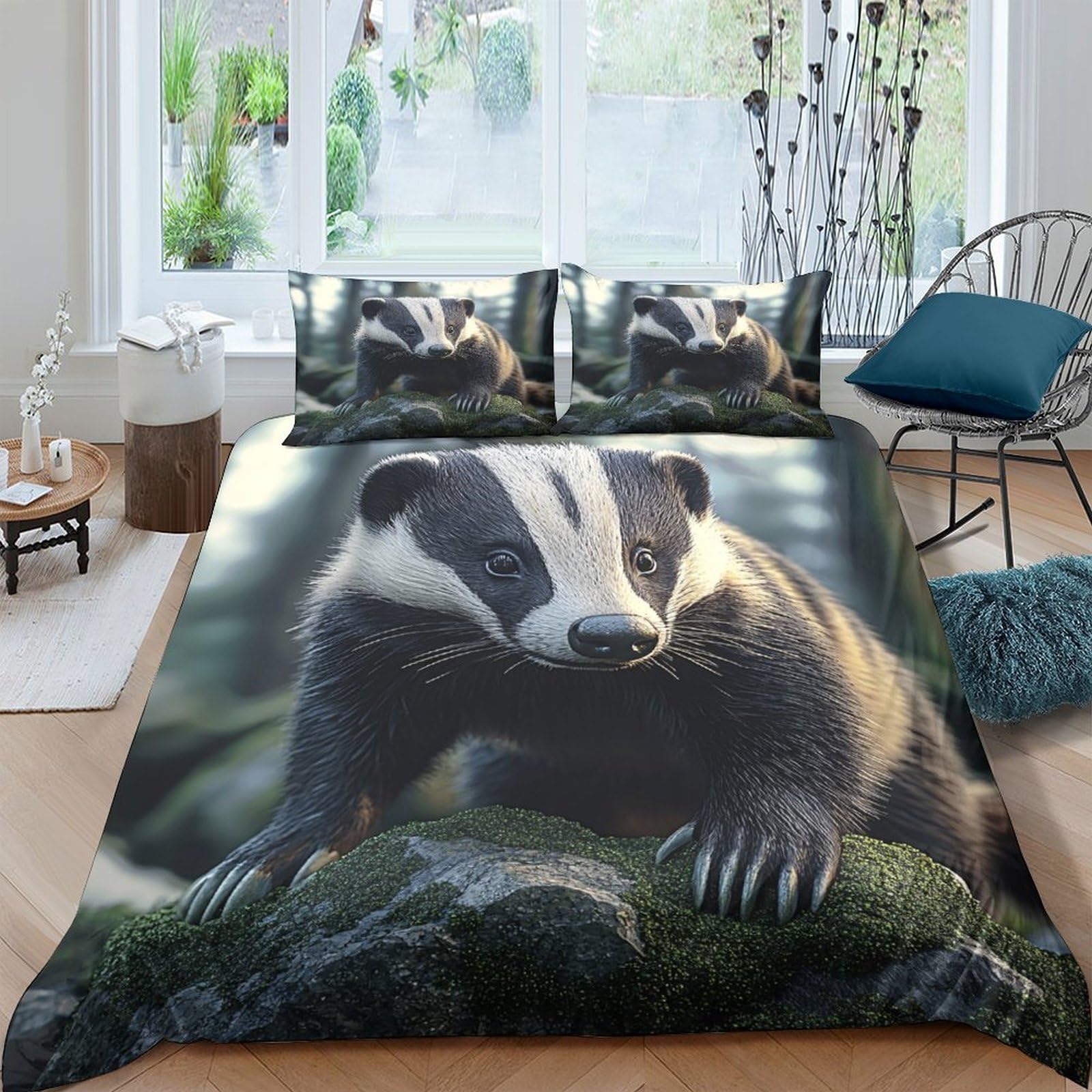 Ctjqhvkz Style-8 3D Printed Badger Forest Fitted Sheet Microfiber Soft Breathable Woodland Scene Mattress Cover Bedroom Decor Single（135X200cm）