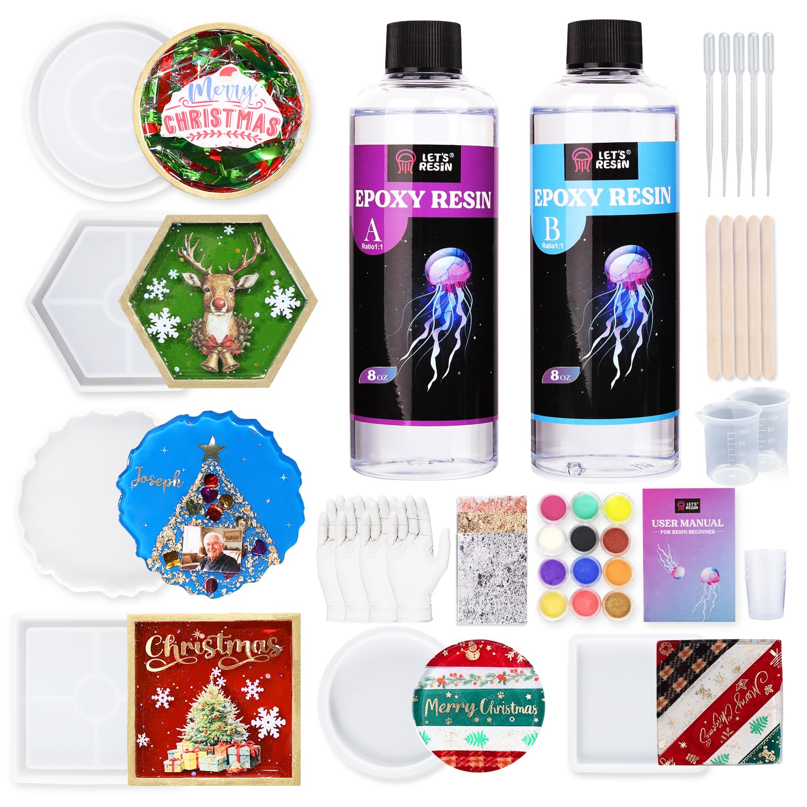 Let's Resin Coaster Molds Kit - 16oz Epoxy Resin Starter Kit with Coaster Molds & Mica Powder for Resin Casting