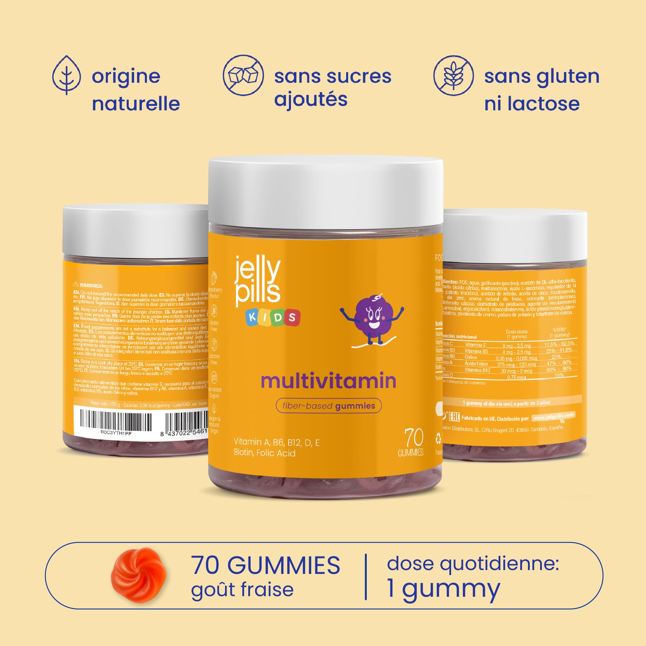 Jelly Pills Gummies Multivitaminées & Minéraux pour Enfants – 70 Gummies Véganes – Sans Sucres Ajoutés – Goût Fraise – A, B, C, D, E, Zinc, Biotine & Acide Folique