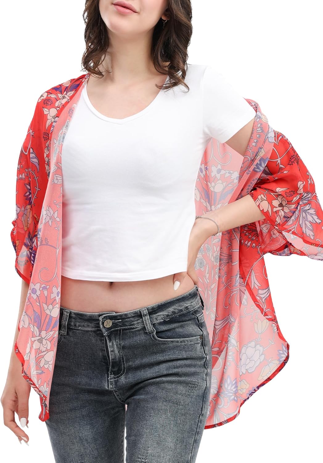 Women's Floral Print Puff Sleeve Kimono Cardigan Loose Cover Up Casual Blouse Tops - Image 3