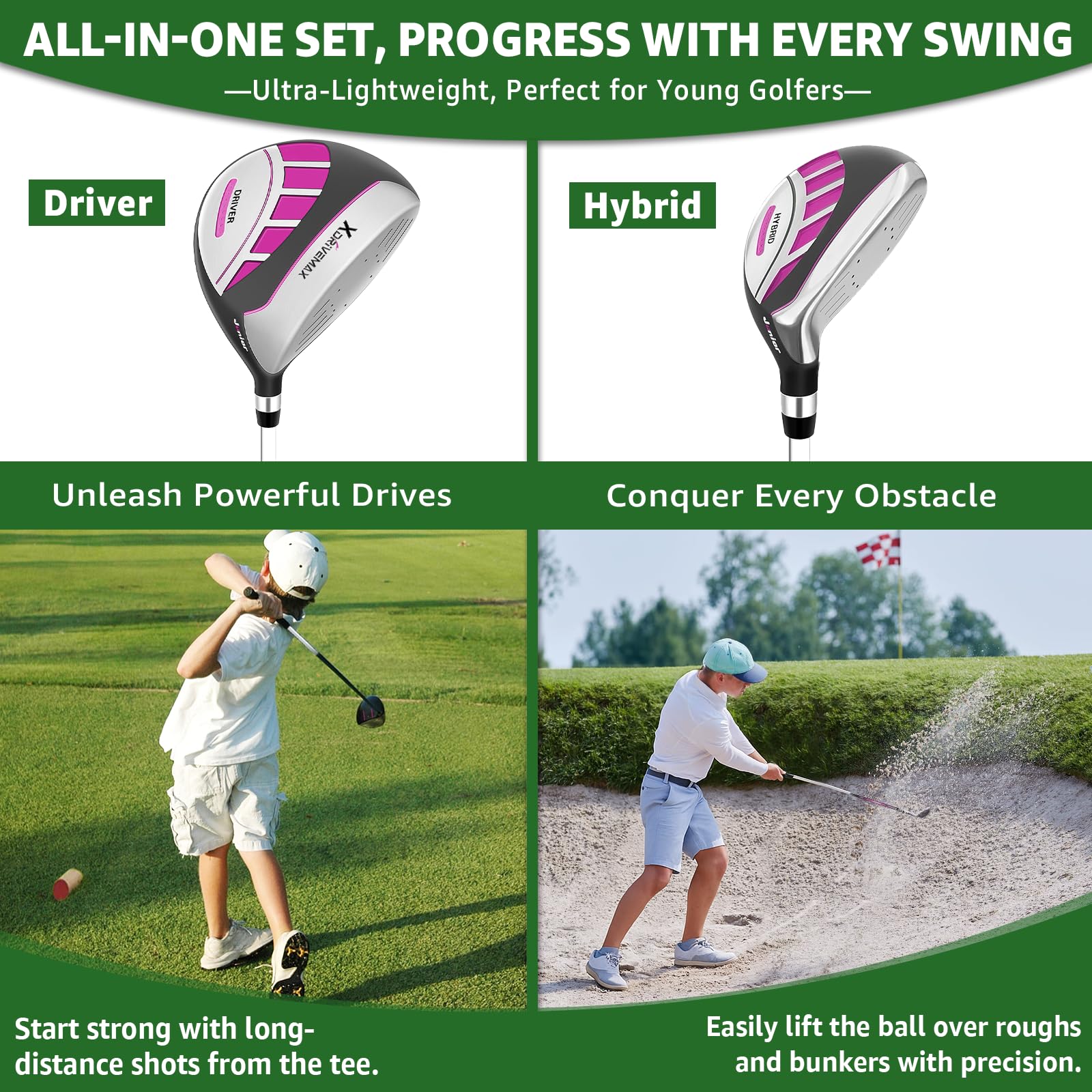 XDriveMax Lot de 5/6 clubs de golf pour enfants de 4 à 12 ans avec sac de support, entraînement 1#, hybride 5#, 6/7#, 9/P# et putter droitier pour garçons et filles
