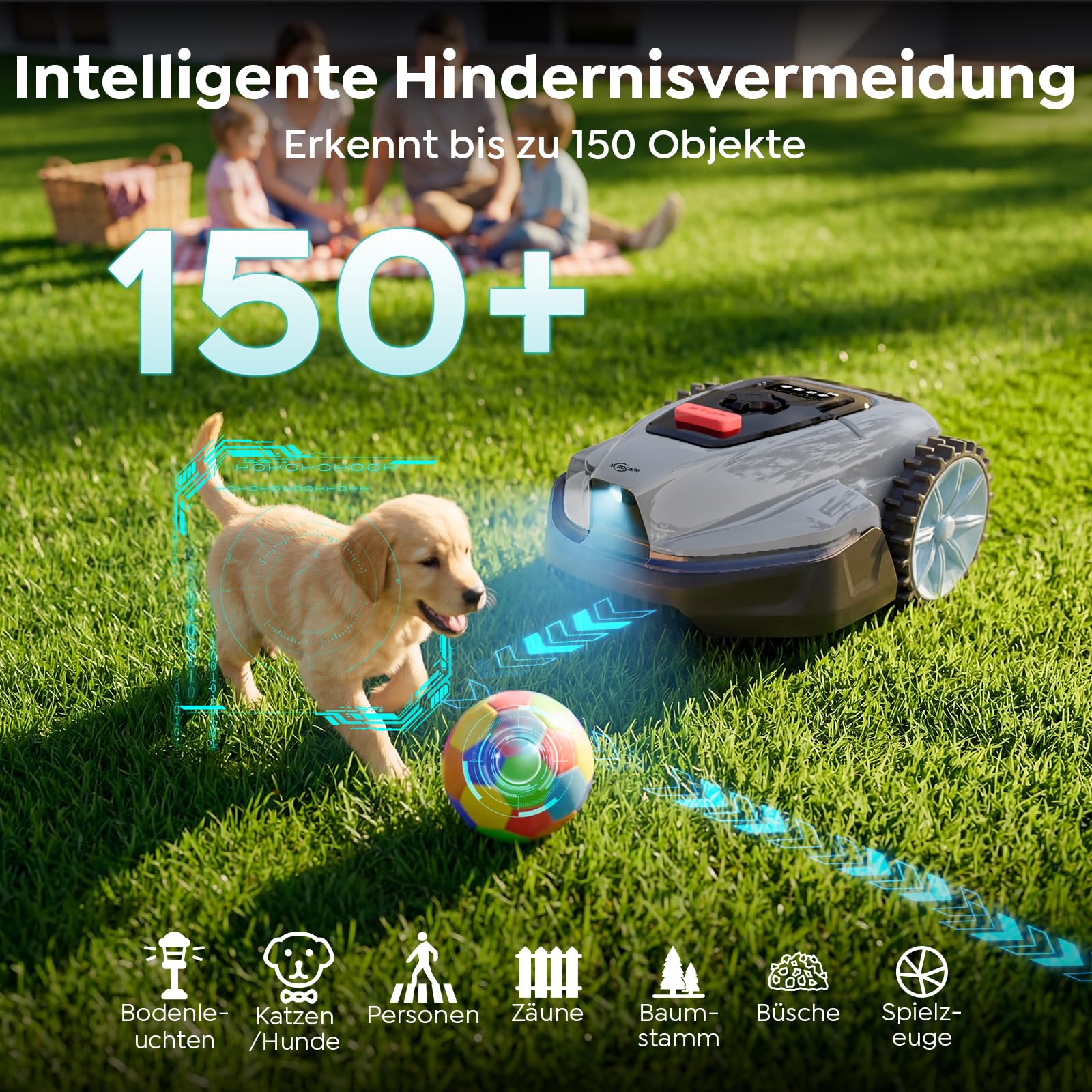 YARDCARE V3 Mähroboter ohne Begrenzungskabel, mit Vision-Navigation, 150+ Hinderniserkennung und App-Steuerung, 50 dB leise, Rasenmäher Roboter für kleine bis mittlere Gärten, inklusive Magnetstreifen