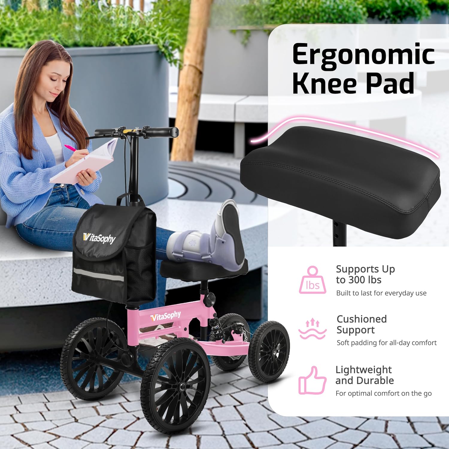 knee scooter with disc brakes, steerable knee walker for adults for foot surgery, broken ankle- 12" all terrain rover scooter for broken foot injured leg crutch pink