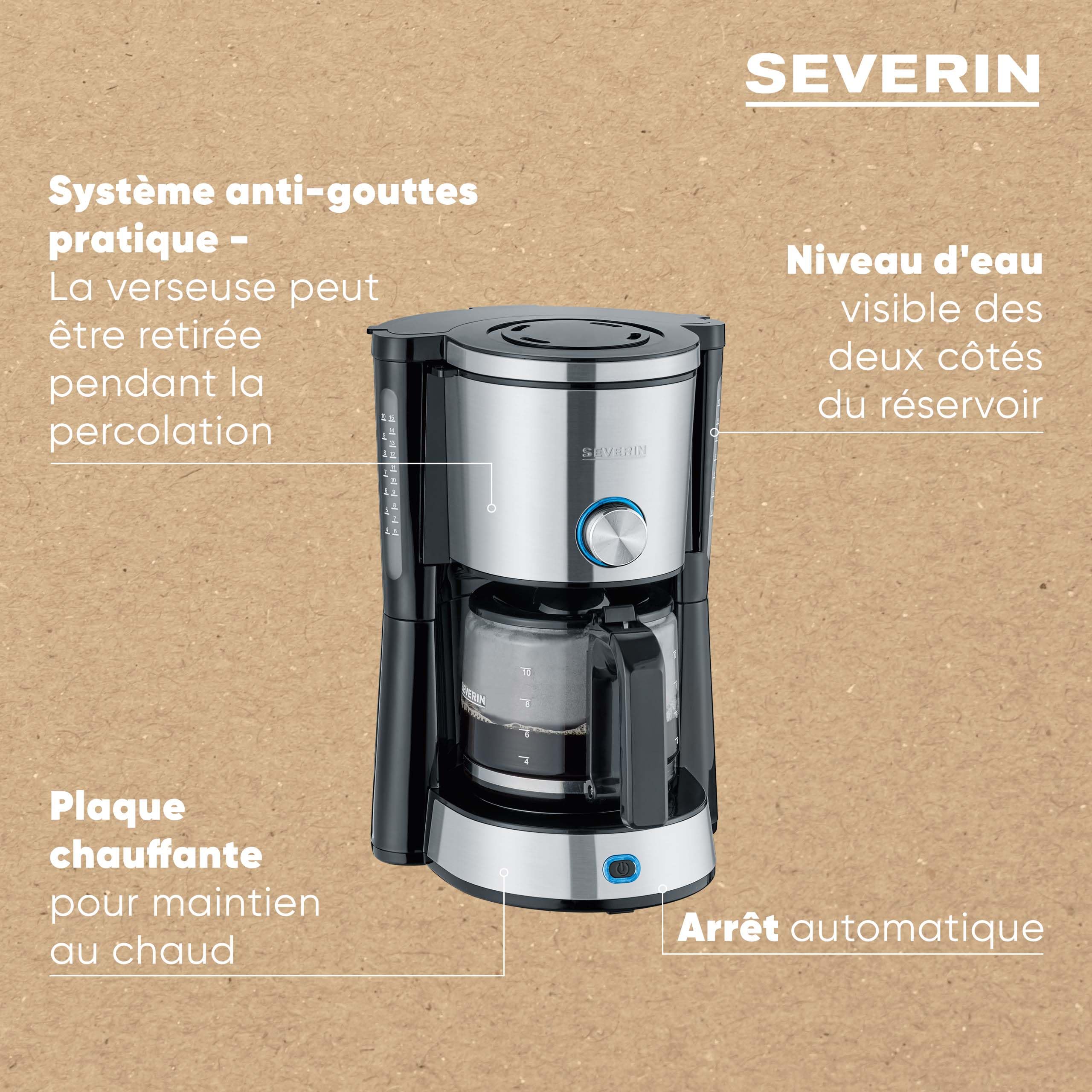 SEVERIN Cafetière Filtre avec réglage de l'arôme, 1 000 W, 1,4L, Jusqu'à 10 tasses, Porte-filtre amovible, Système anti-goutte, Inox / Noir, KA 4825
