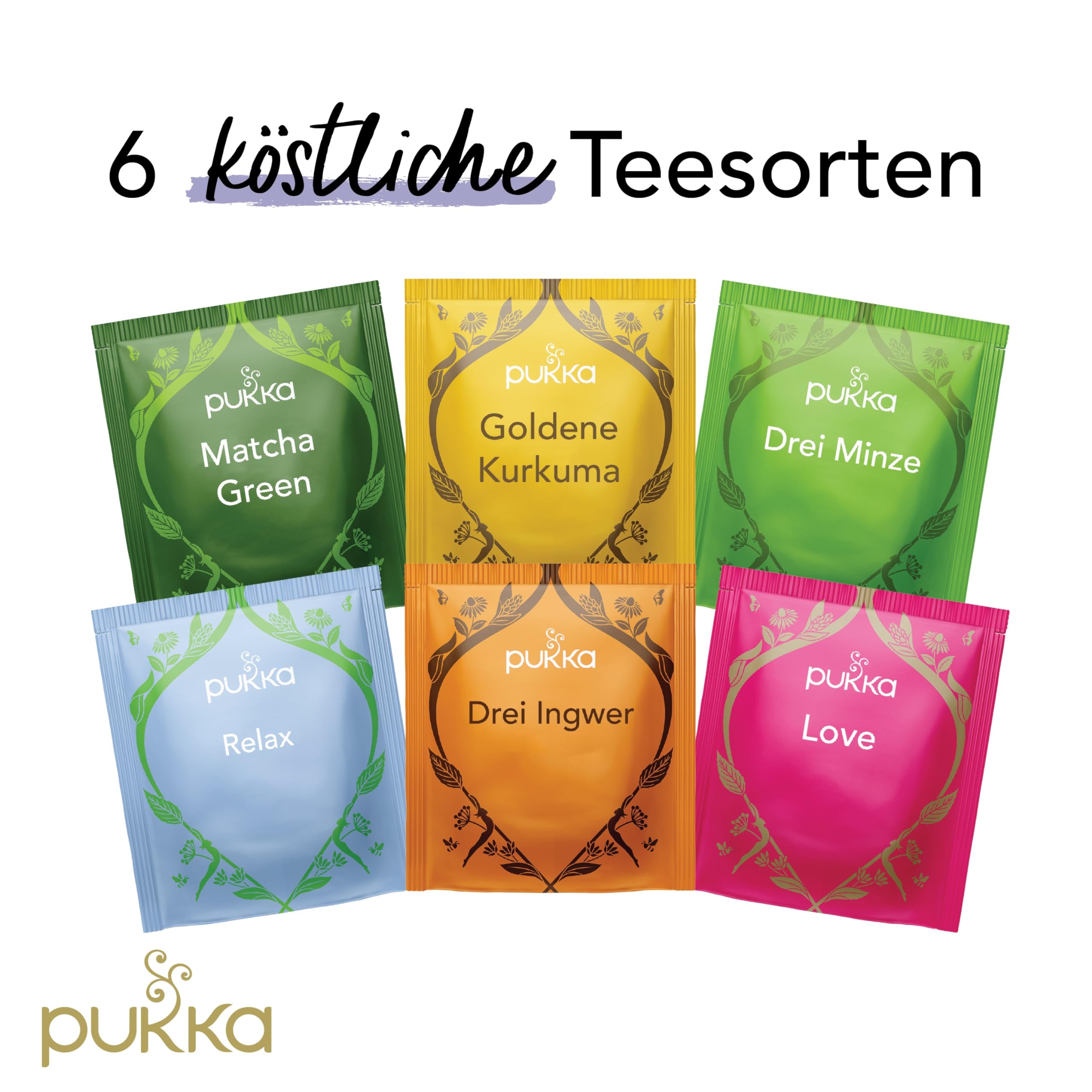 Pukka | Estuche de descubrimiento Prestige regalo | Selección Surtido de 6 tés e infusiones 100% orgánicos | 90 bolsitas de té Matcha, Jengibre, Miel, Menta, Manzanilla | Idea de regalo para mujer y