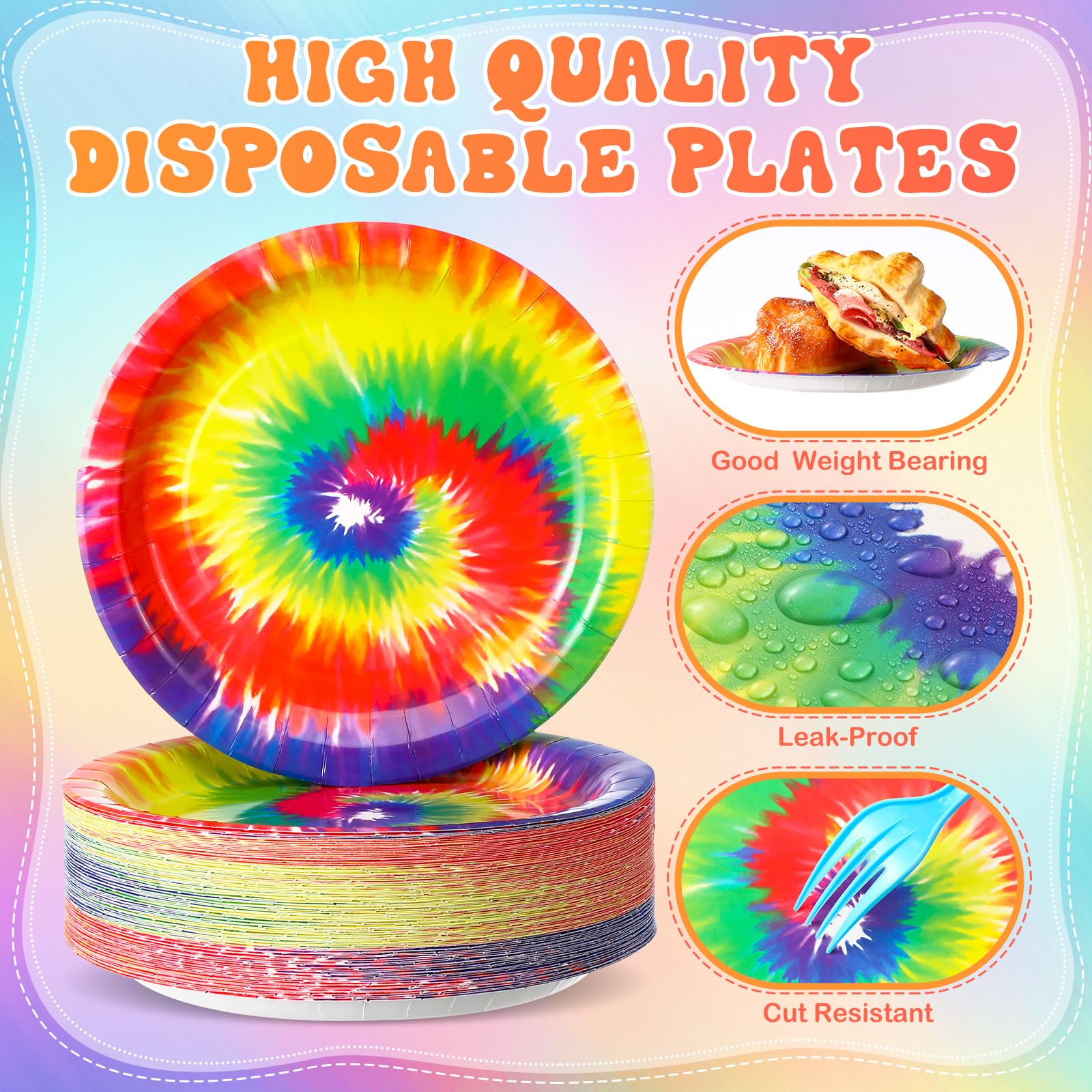 Mimorou Paquete de 100 platos desechables de teñido anudado de 9 pulgadas, suministros de vajilla de fiesta de teñido anudado, platos de papel arcoíris, suministros de fiesta de teñido anudado,