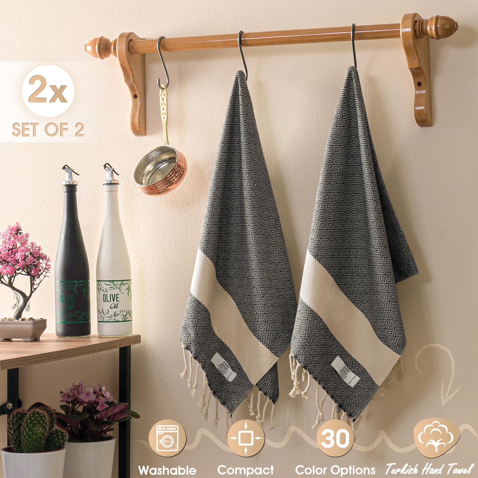 EPHESUS TOWELS Juego de 2 toallas de mano | 18 x 40 pulgadas - Algodón turco - Toalla de mano turca decorativa para baño, cocina, invitados, cara, cabello, té, paño de cocina (diamante, negro)
