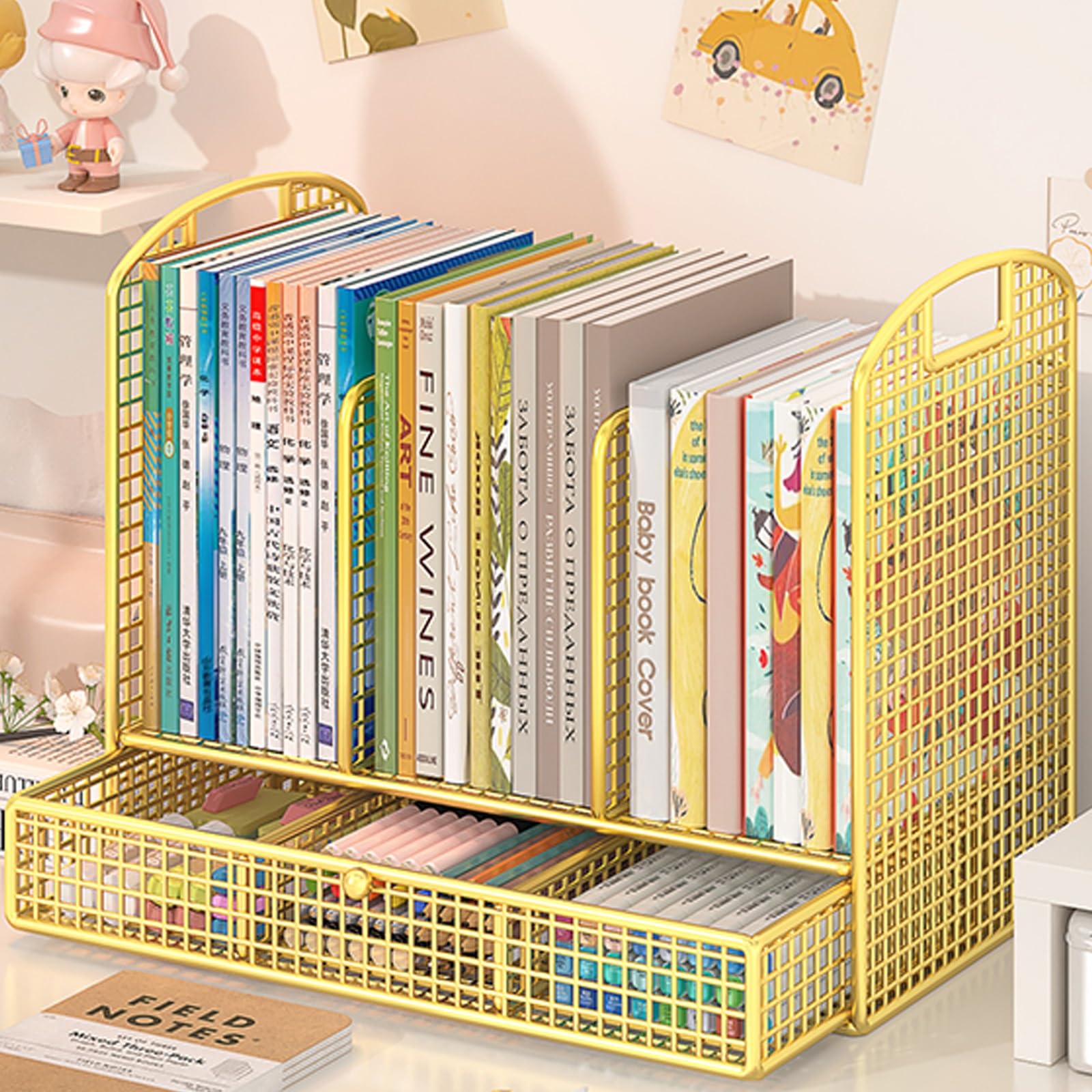 Libreria da scrivania per bambini, colore giallo, per studenti, supporto per libri e scrivania per forniture scolastiche, ideale per uso scolastico e scuola elementare