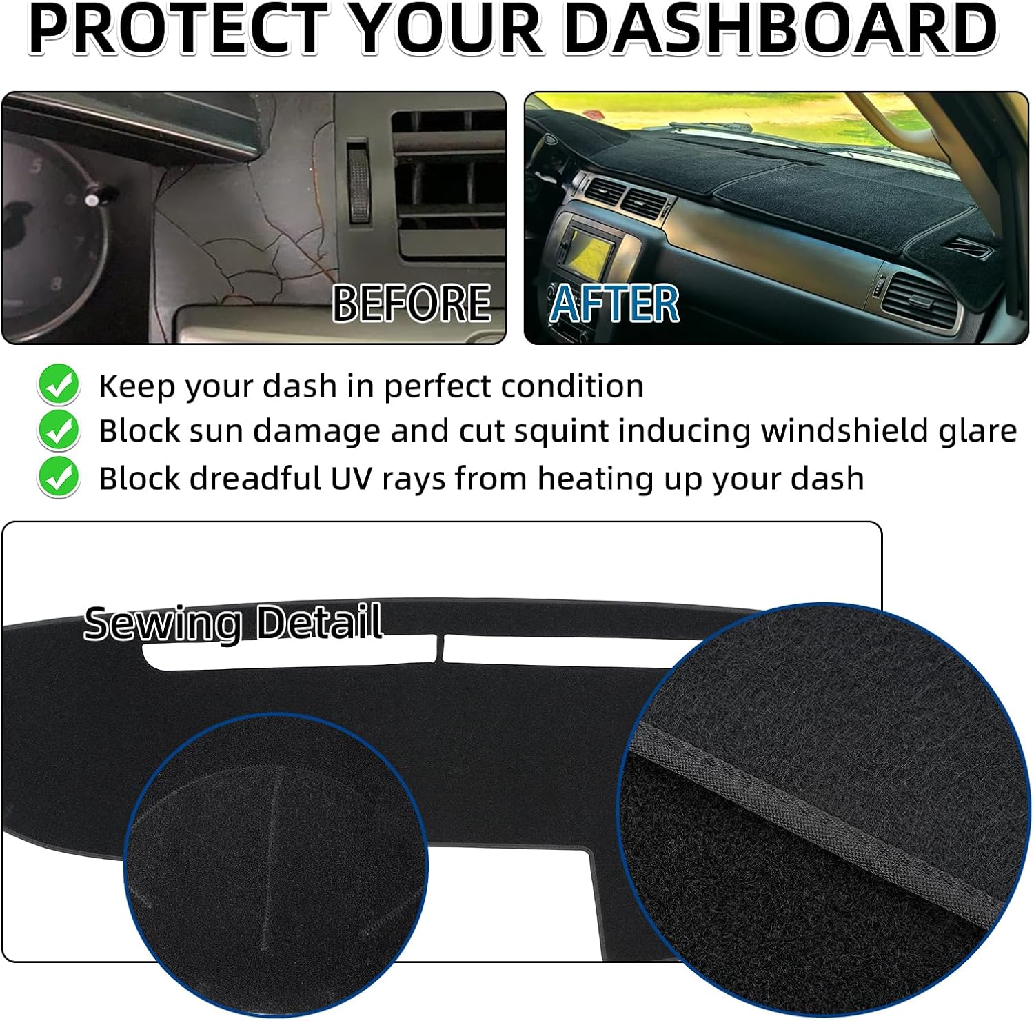 Dash Cover Mat Custom Fit for 1997-2000 Chevy Chevrolet Silverado/GMC C1500 C2500 C3500 K1500 K2500 K3500, 1997-99 GMC Yukon/Chevy Tahoe Suburban, Dashboard Pad Carpet Protector(97-99, Black)