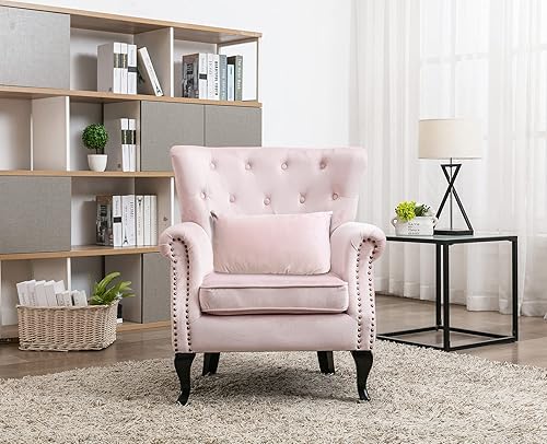 Miniatura 13 de Kmax Silla de club de terciopelo con diseño de trono copetudo de mediados de siglo, asiento acolchado, patas de madera, para el hogar, club, Tela