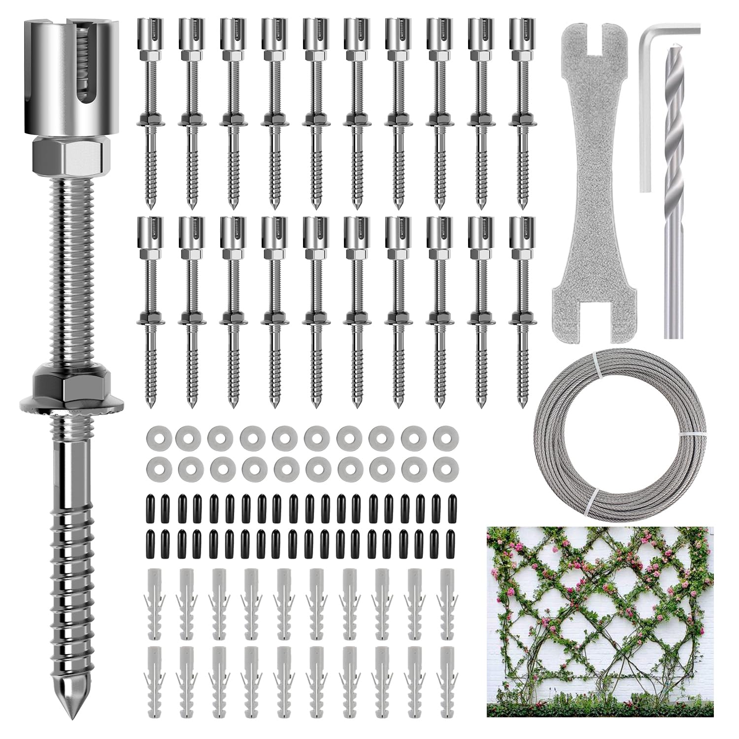 WT001 - Kit di 20 tralicci da parete, per piante rampicanti all'aperto, kit di tralicci da parete con fune metallica da 20 m x 0,3 cm, sistema a spalliera in acciaio inox T316
