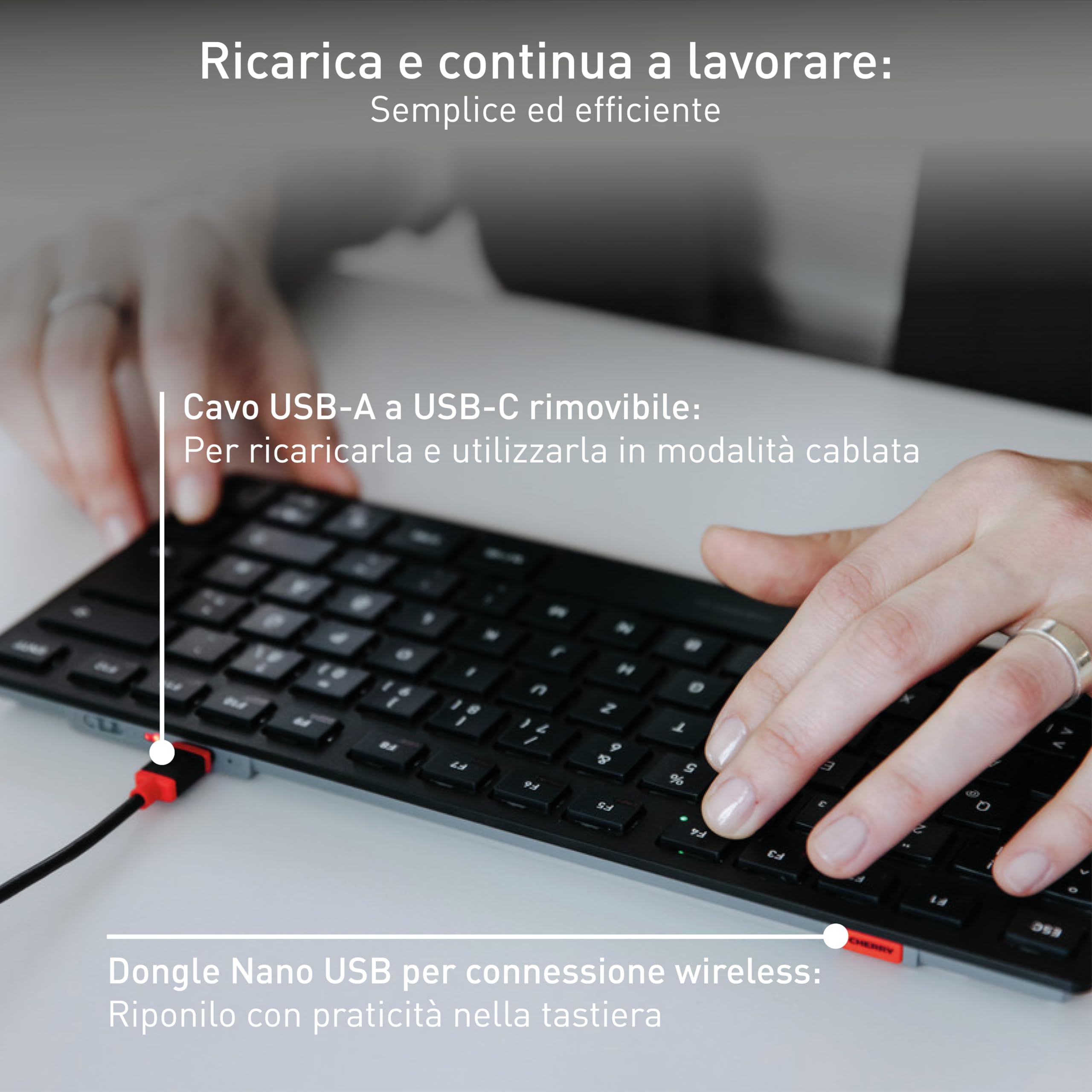 CHERRY KW 9200 MINI, Tastiera Multidispositivo Compatta per fino a 4 Dispositivi, Layout per la Svizzera (QWERTZ), Bluetooth, 2,4 GHz o Cavo, Ricaricabile, Nero