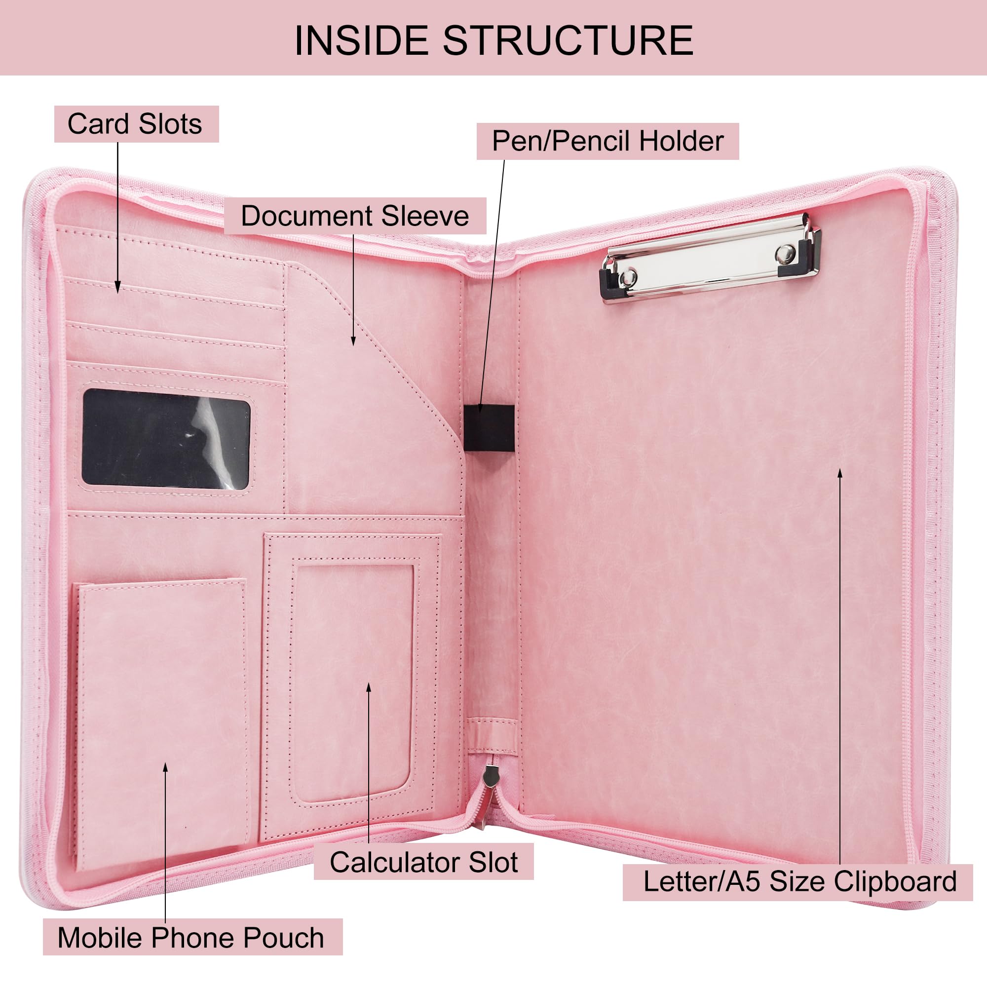 GraduationMall A4 Portfolio Folder with Clipboard, Zippered Document Organizer for Business Conference, Interview - Image 2