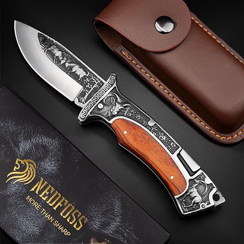 Miniatura 5 de NEDFOSS Regalos para hombres cuchillo plegable de bolsillo, hoja única grabada de 8.6 pulgadas, cuchillo de bolsillo con asas de madera con bloqueo