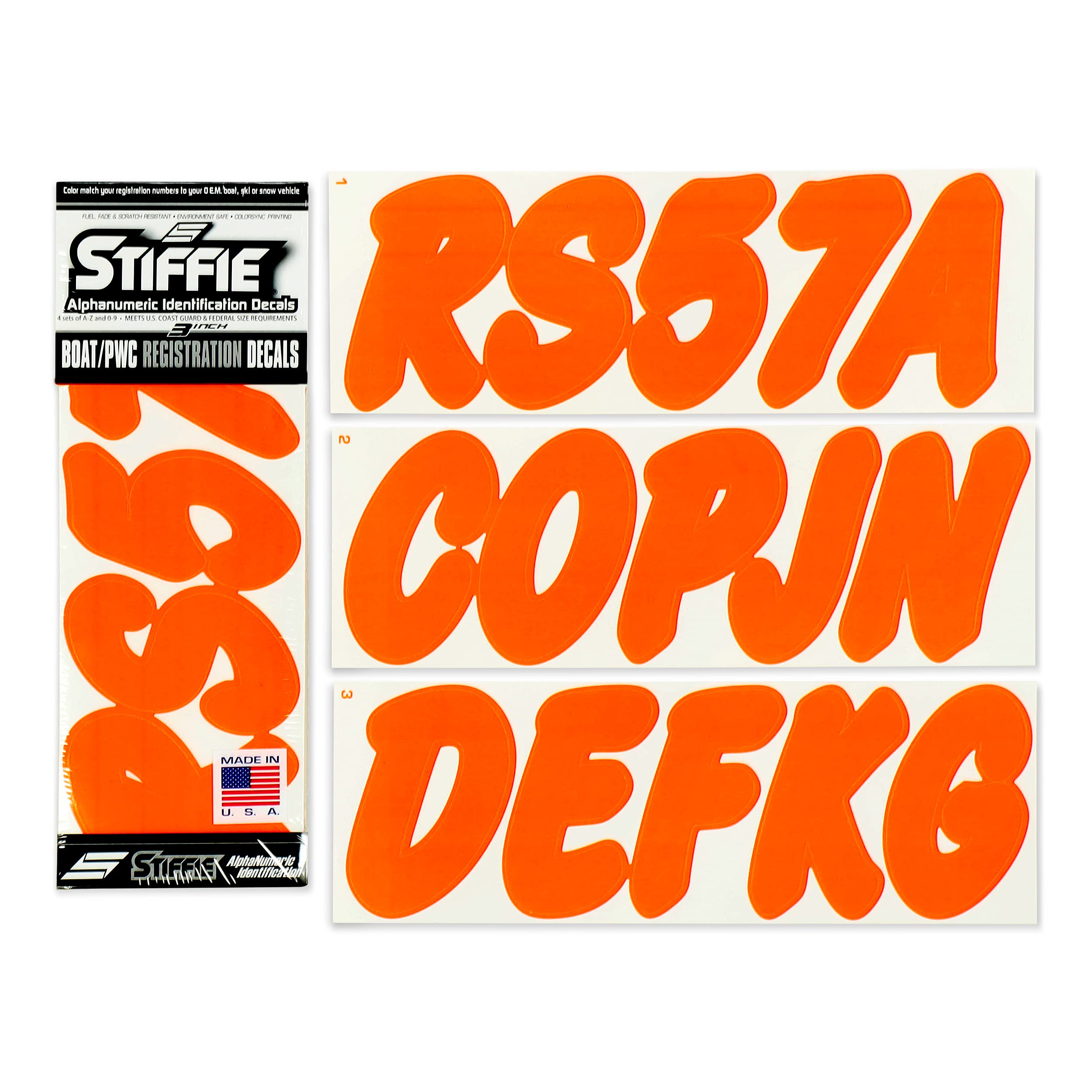 STIFFIE Whip-One Electric Orange 3" Alpha-Numeric Registration Identification Numbers Stickers Decals for Boats &amp; Personal Watercraft