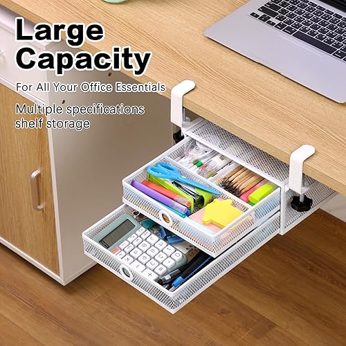 Miniatura 2 de Organizador de malla de 2 niveles, almacenamiento debajo del escritorio con bandeja deslizante, instalación sin herramientas de perforación, metal