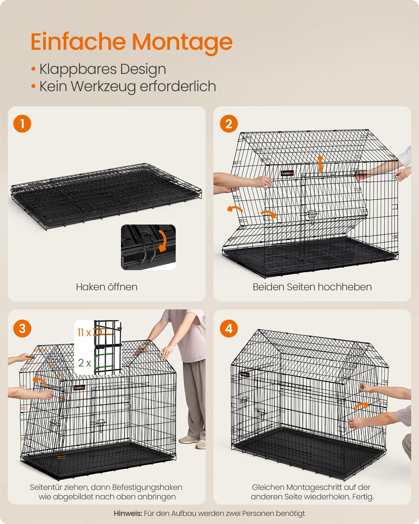 Feandrea Hundekäfig, Hundebox, 120 x 72,5 x 109 cm, Metall, Haustierkäfig faltbar, XXL, für große Hunde, mit Doppeltür, leicht zu reinigen, für Zuhause, Auto, tintenschwarz PPD015B01