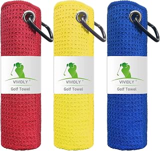 VIVIDLY 3 Pack Golf Towels (16" X 16"), Microfiber Waffle Pattern Golf Towel with Carabiner Clip, Suitable for Men's Golf Gifts (Red/Yellow/Blue)
