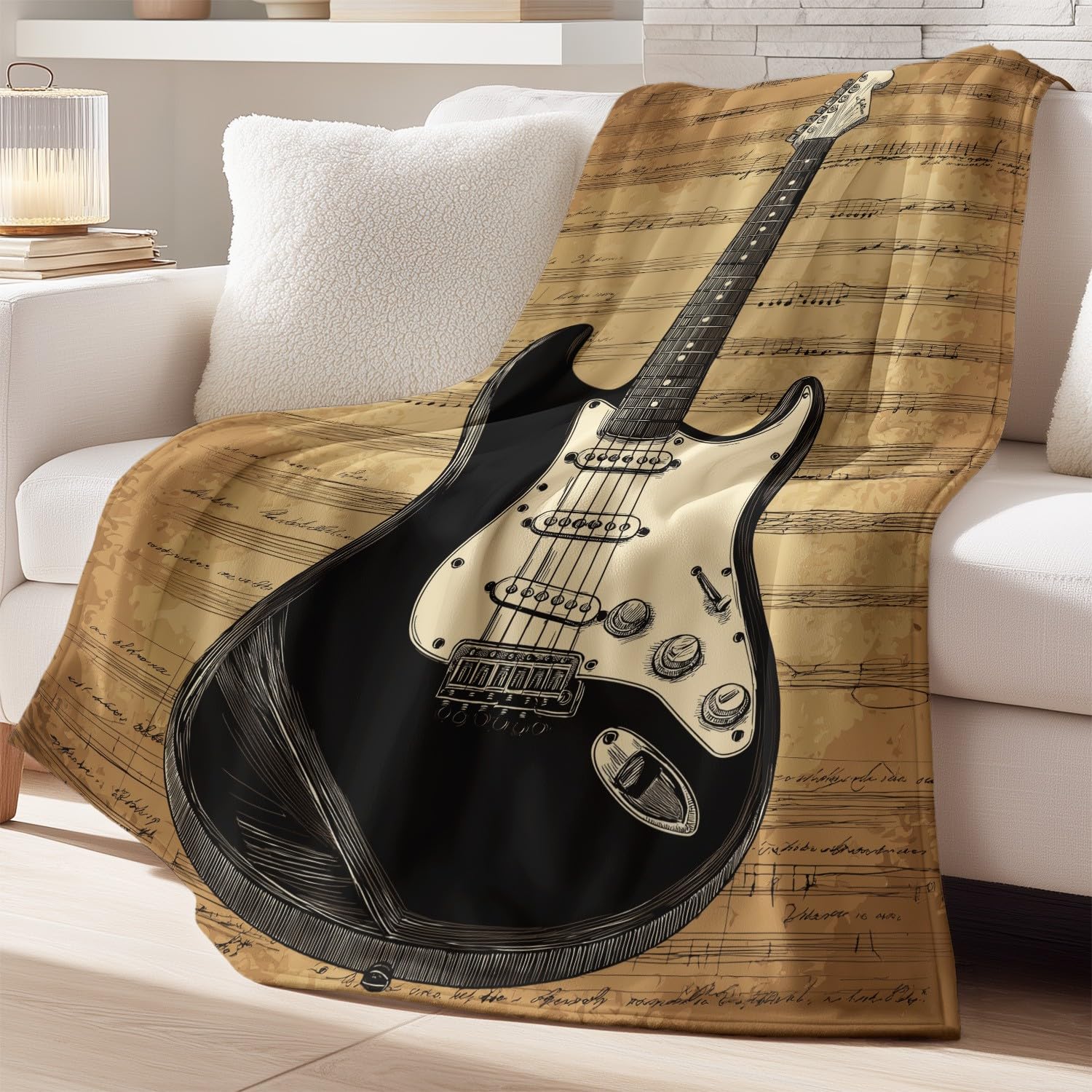 Manta musical de 200 x 200 cm, diseño vintage de instrumentos musicales con notas de guitarra, manta de forro polar acogedora de microfibra para sofá, cama, regalo para padres de niños, marrón